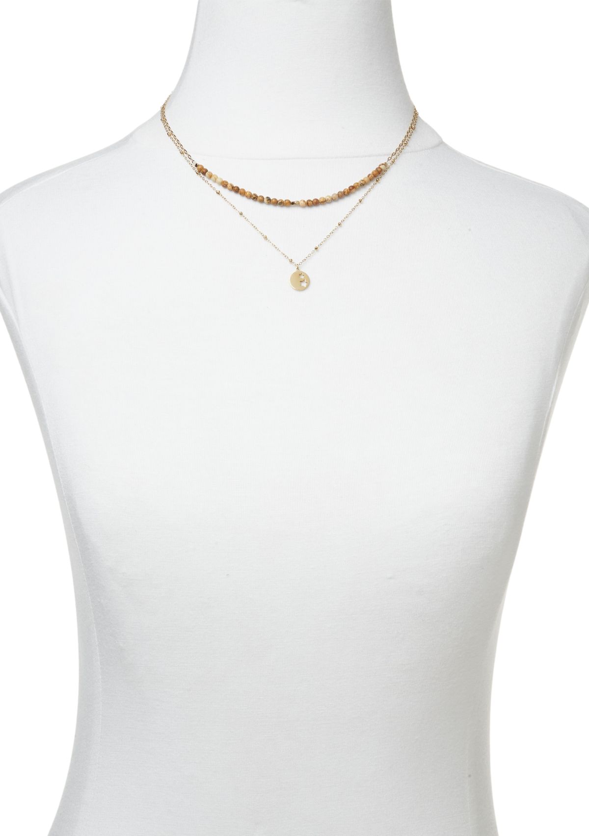 Gold Tone Genuine Stone & Star Disc Duo Pendant Necklace Set