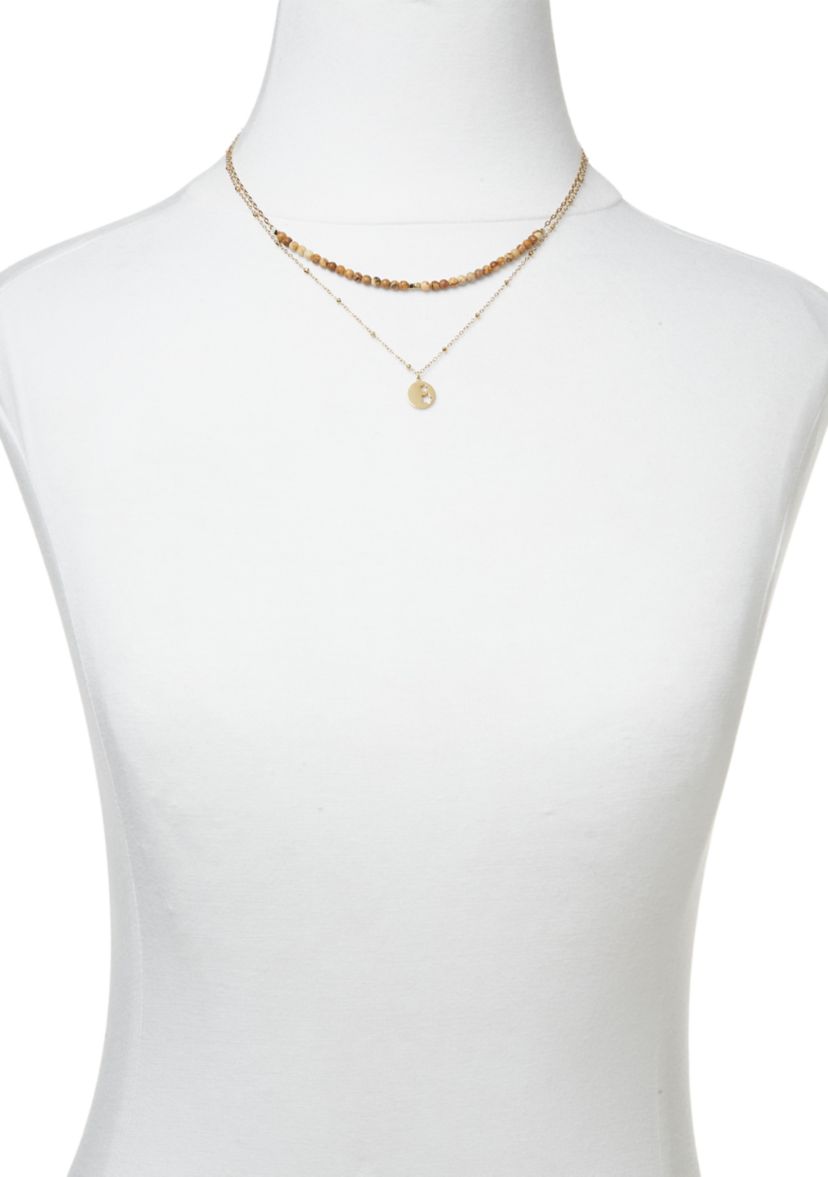 Gold Tone Genuine Stone & Star Disc Duo Pendant Necklace Set