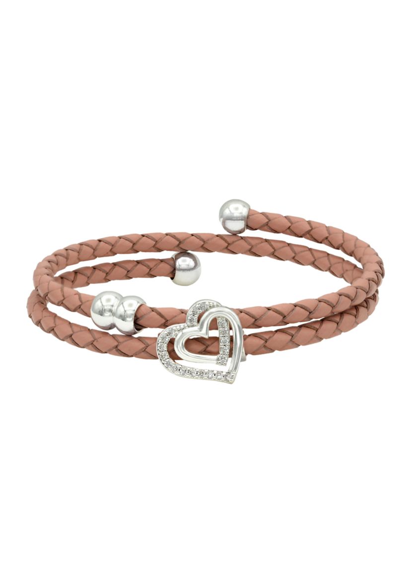 Silver Tone Cubic Zirconia Heart Charm Pink Genuine Leather Wrap Bracelet