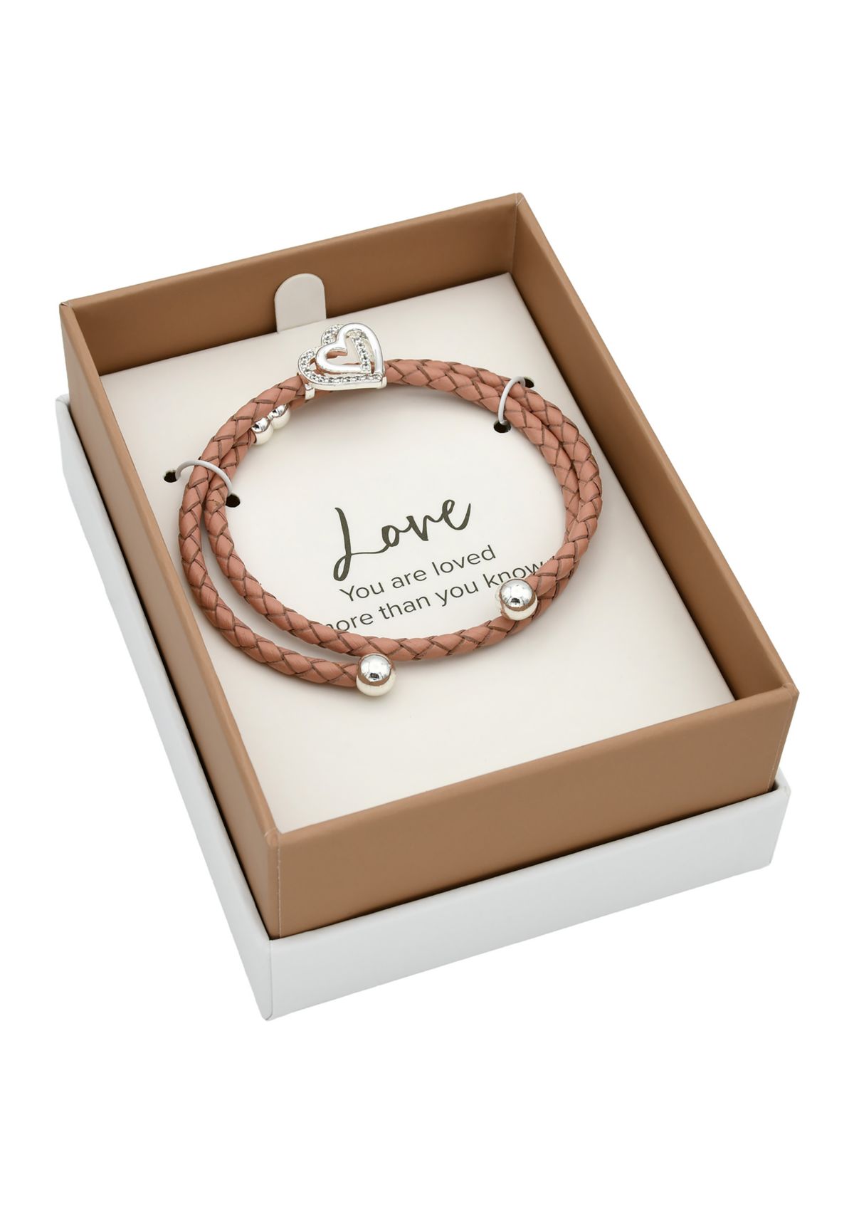 Silver Tone Cubic Zirconia Heart Charm Pink Genuine Leather Wrap Bracelet