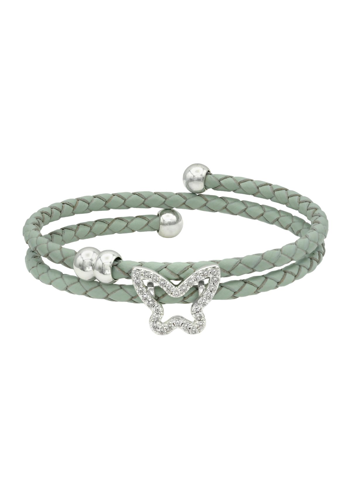 Lab Created Silver Tone Cubic Zirconia Butterfly Charm Mint Genuine Leather Wrap Bracelet