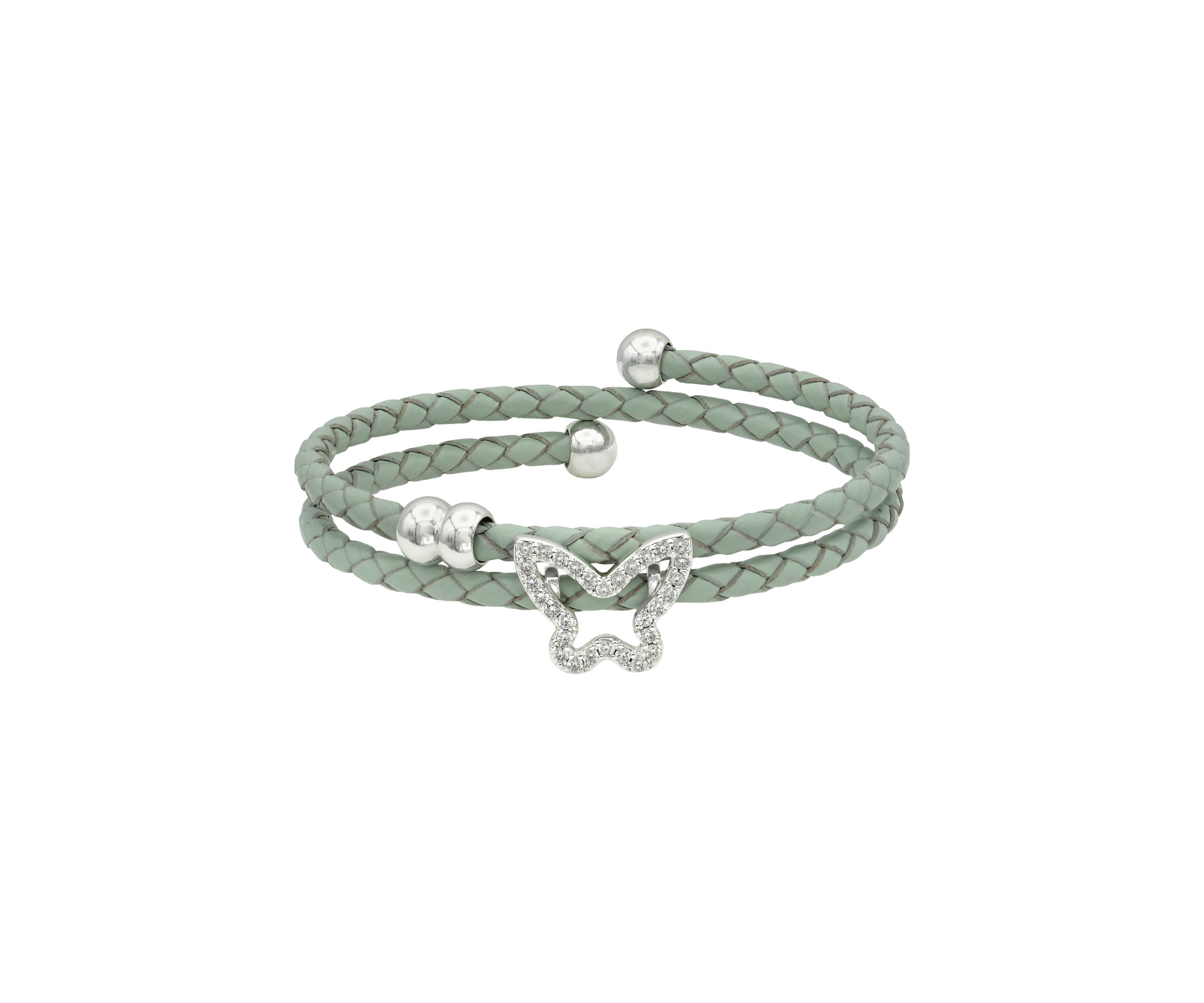 Lab Created Silver Tone Cubic Zirconia Butterfly Charm Mint Genuine Leather Wrap Bracelet