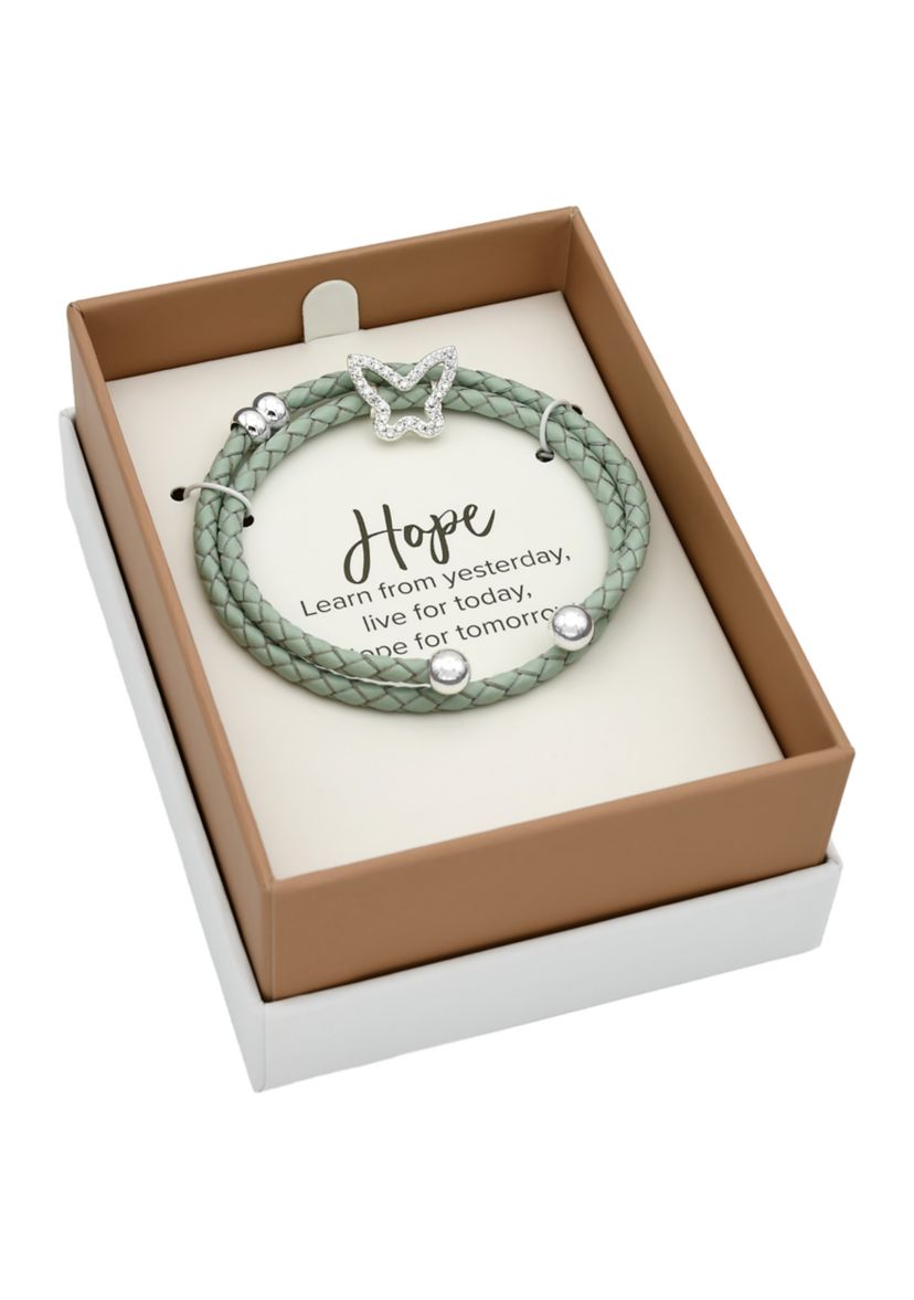 Lab Created Silver Tone Cubic Zirconia Butterfly Charm Mint Genuine Leather Wrap Bracelet