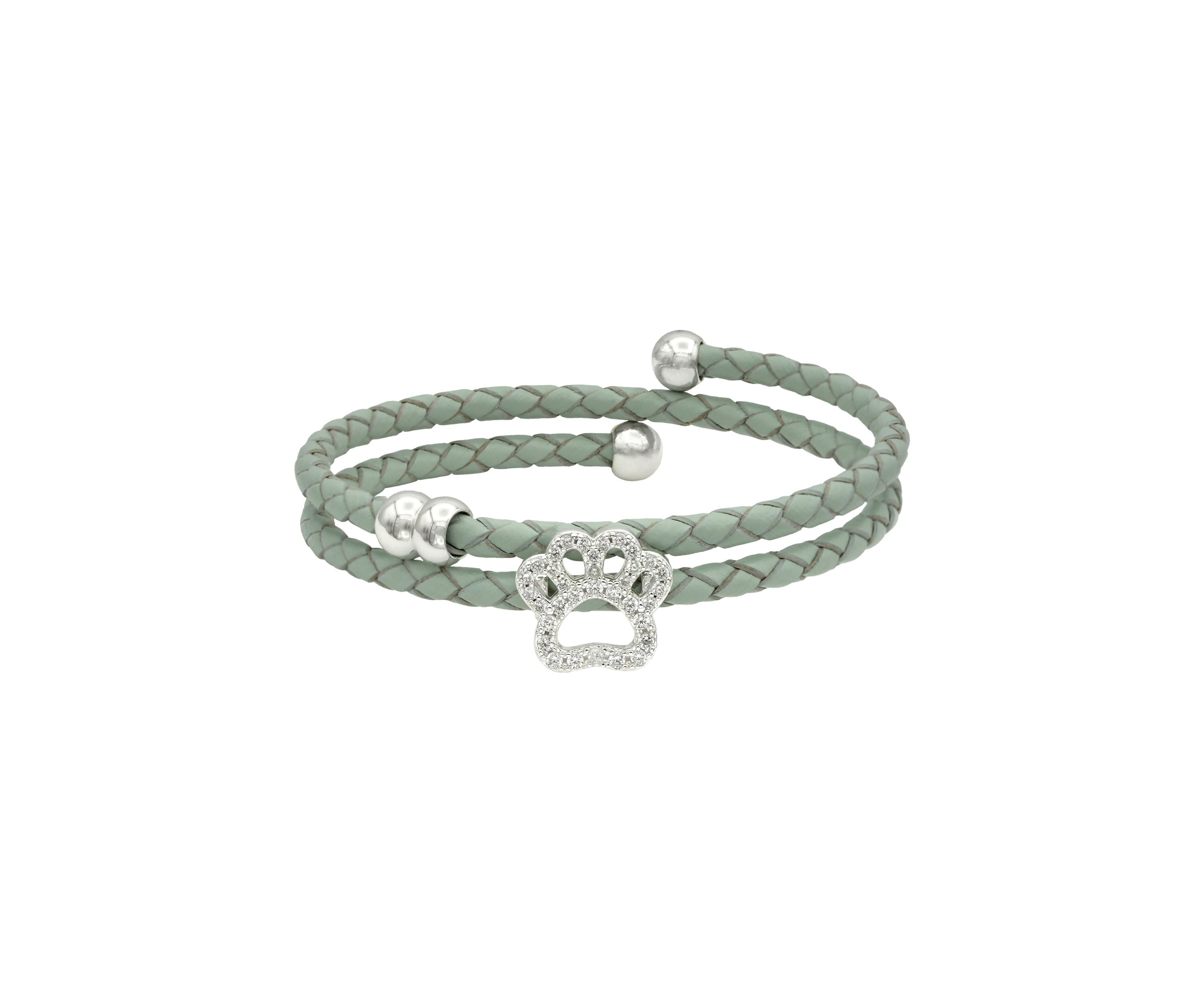 Silver Tone Cubic Zirconia Dog Paw Charm Genuine Leather Wrap Bracelet