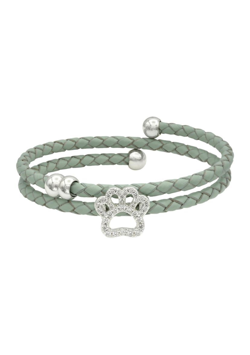 Silver Tone Cubic Zirconia Dog Paw Charm Genuine Leather Wrap Bracelet