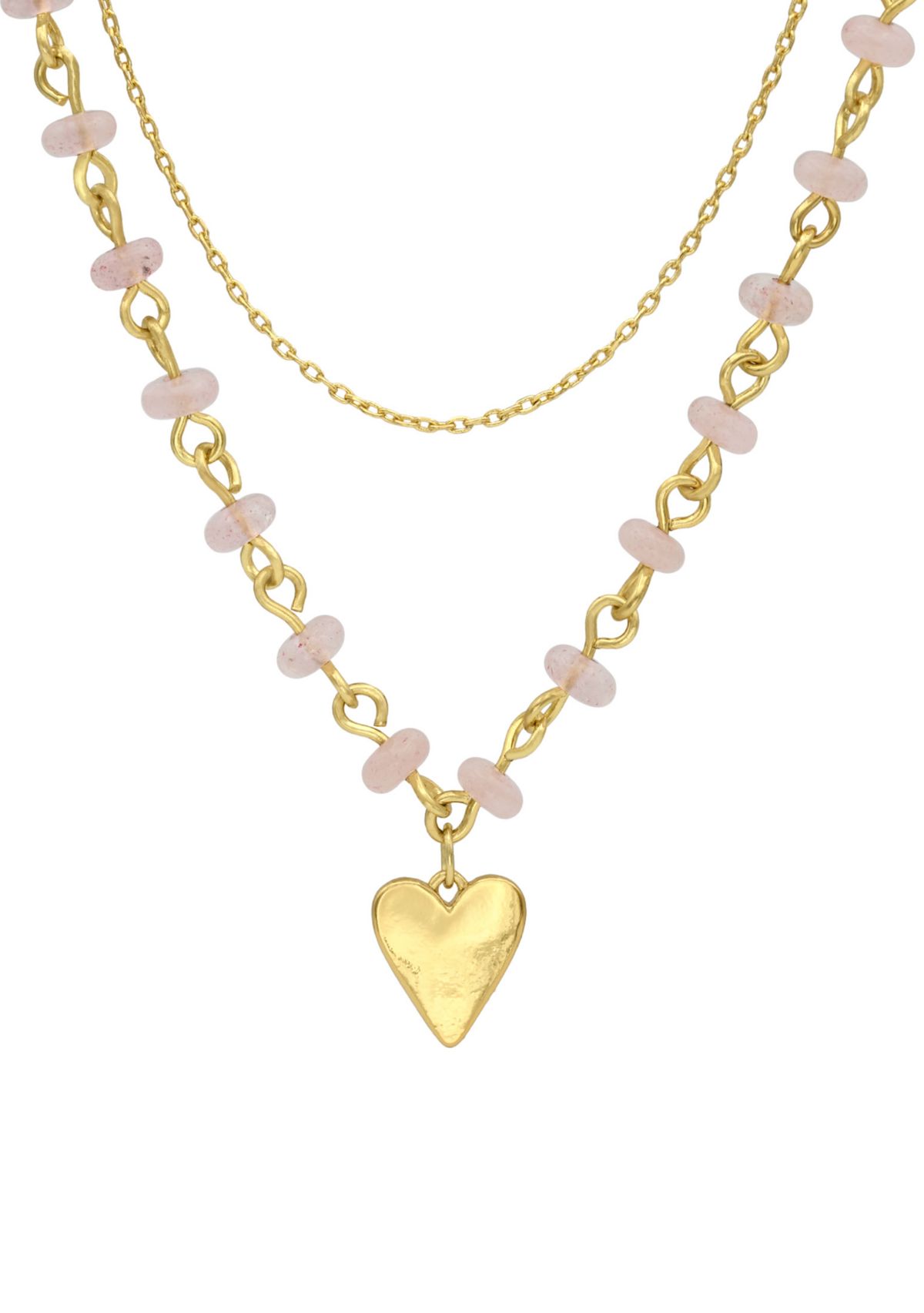 Gold Tone and Rose Quartz Beaded Heart Pendant and Chain Necklace Set