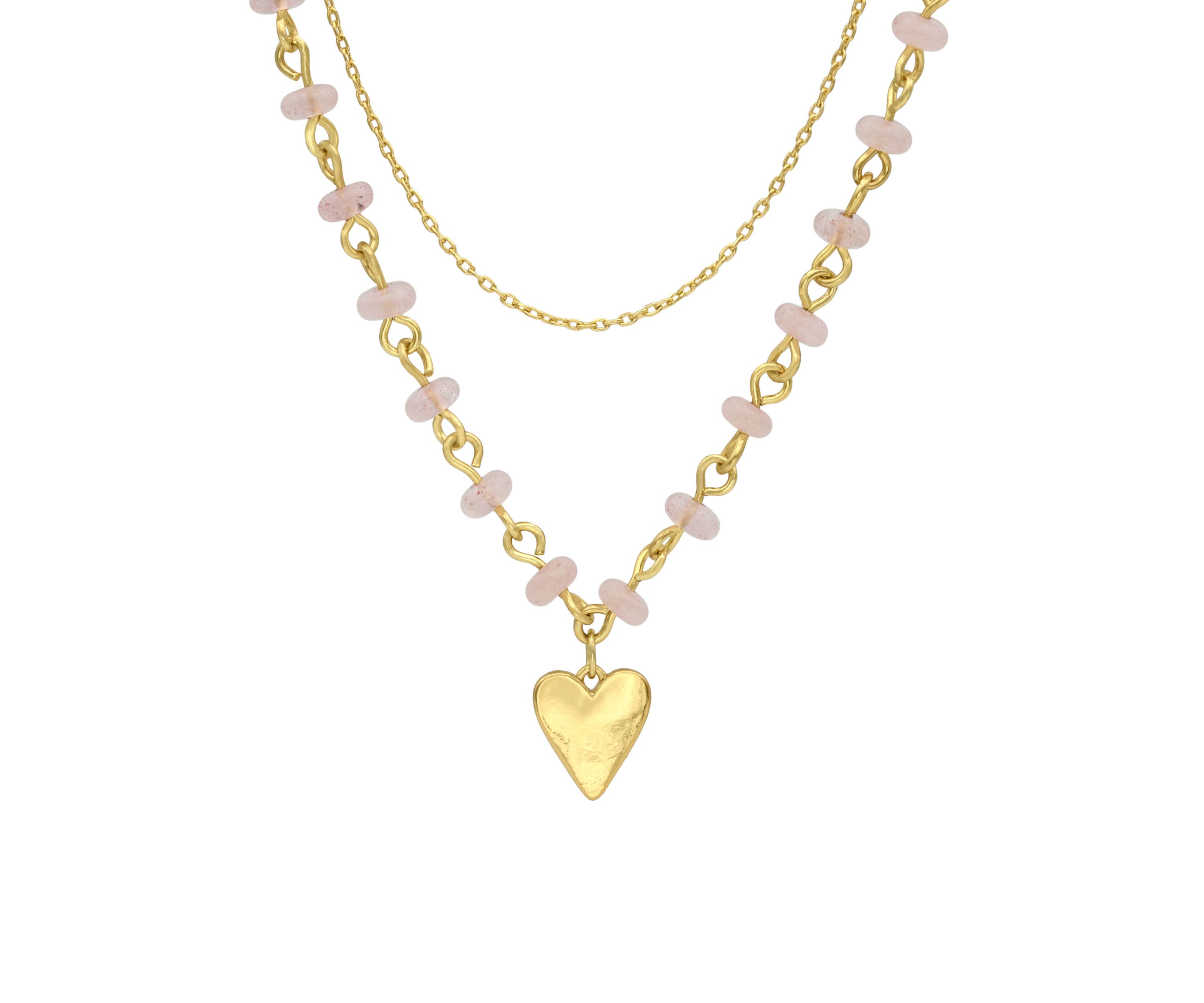 Gold Tone and Rose Quartz Beaded Heart Pendant and Chain Necklace Set