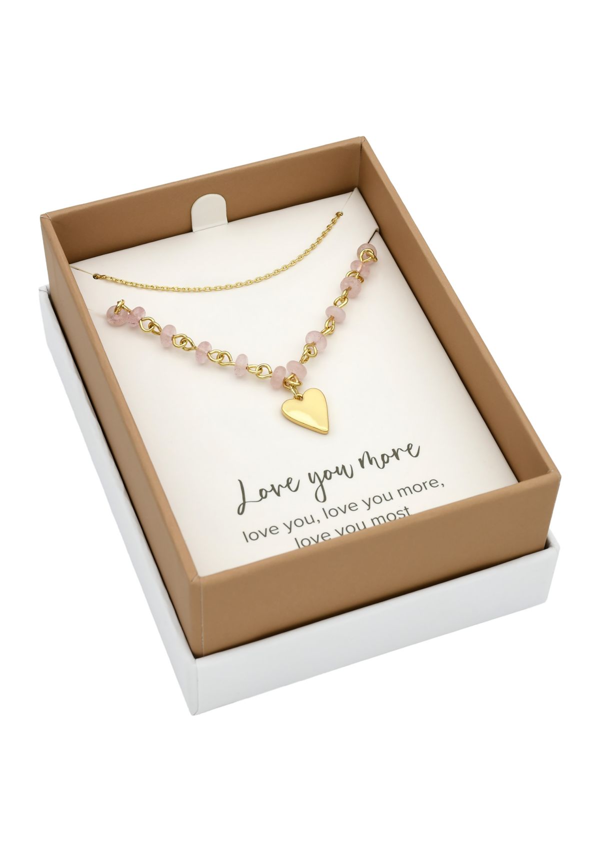 Gold Tone and Rose Quartz Beaded Heart Pendant and Chain Necklace Set