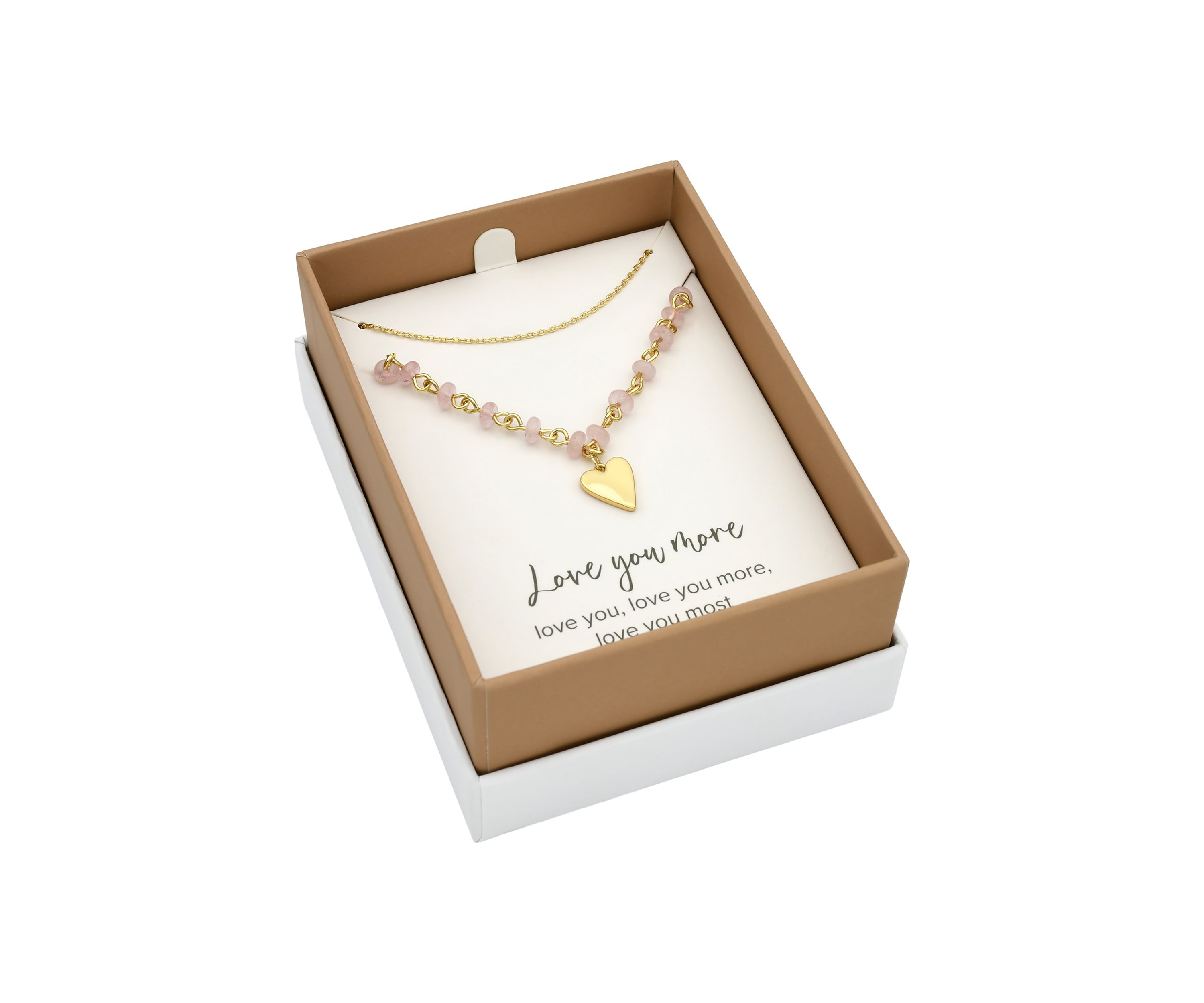 Gold Tone and Rose Quartz Beaded Heart Pendant and Chain Necklace Set