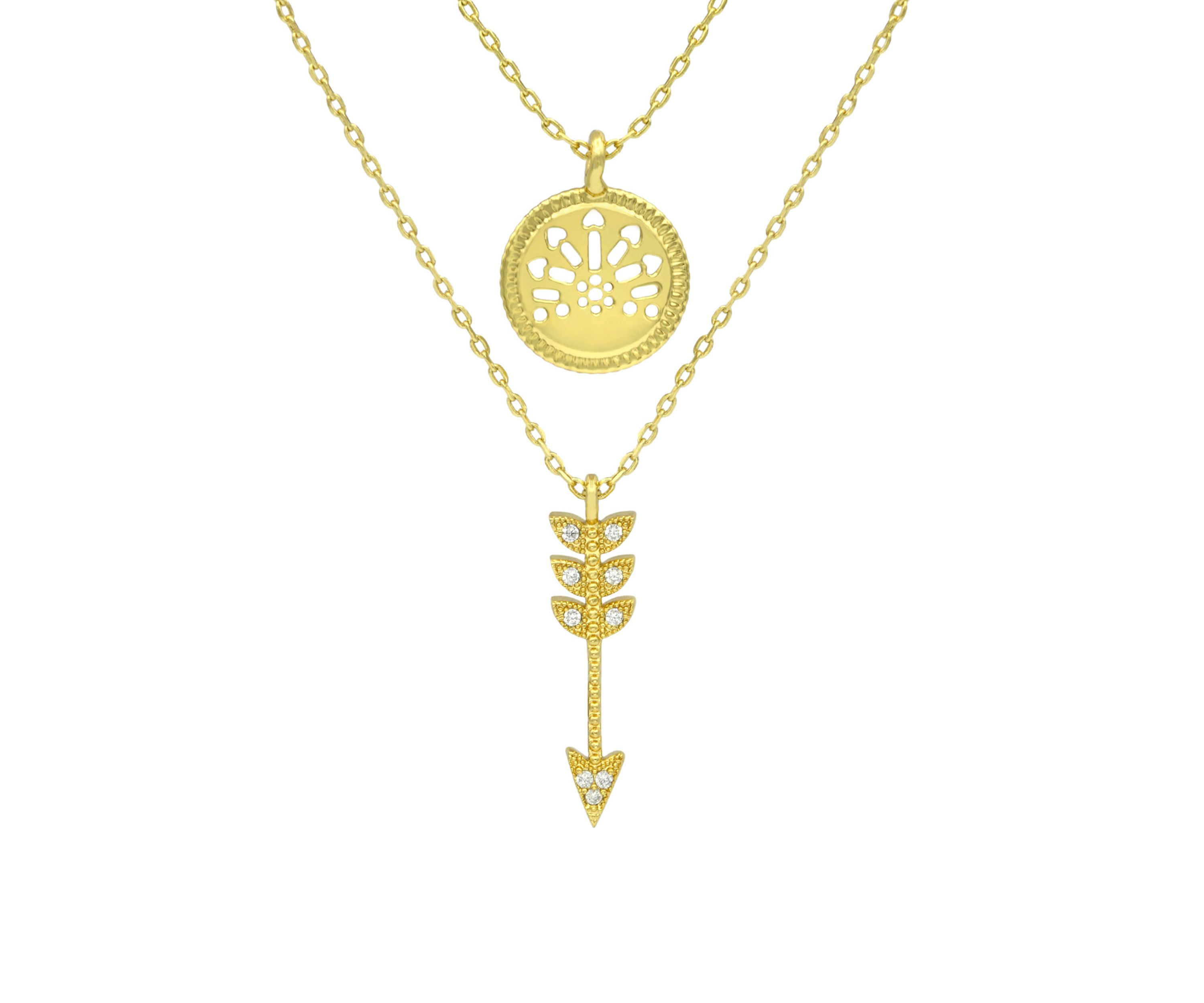 Gold Tone Cubic Zirconia Compass and Arrow Duo Necklace Set