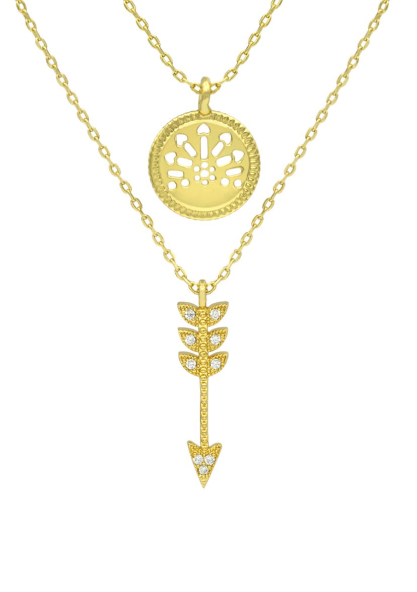 Gold Tone Cubic Zirconia Compass and Arrow Duo Necklace Set