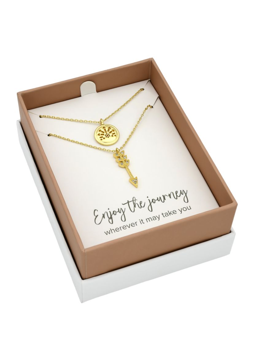 Gold Tone Cubic Zirconia Compass and Arrow Duo Necklace Set