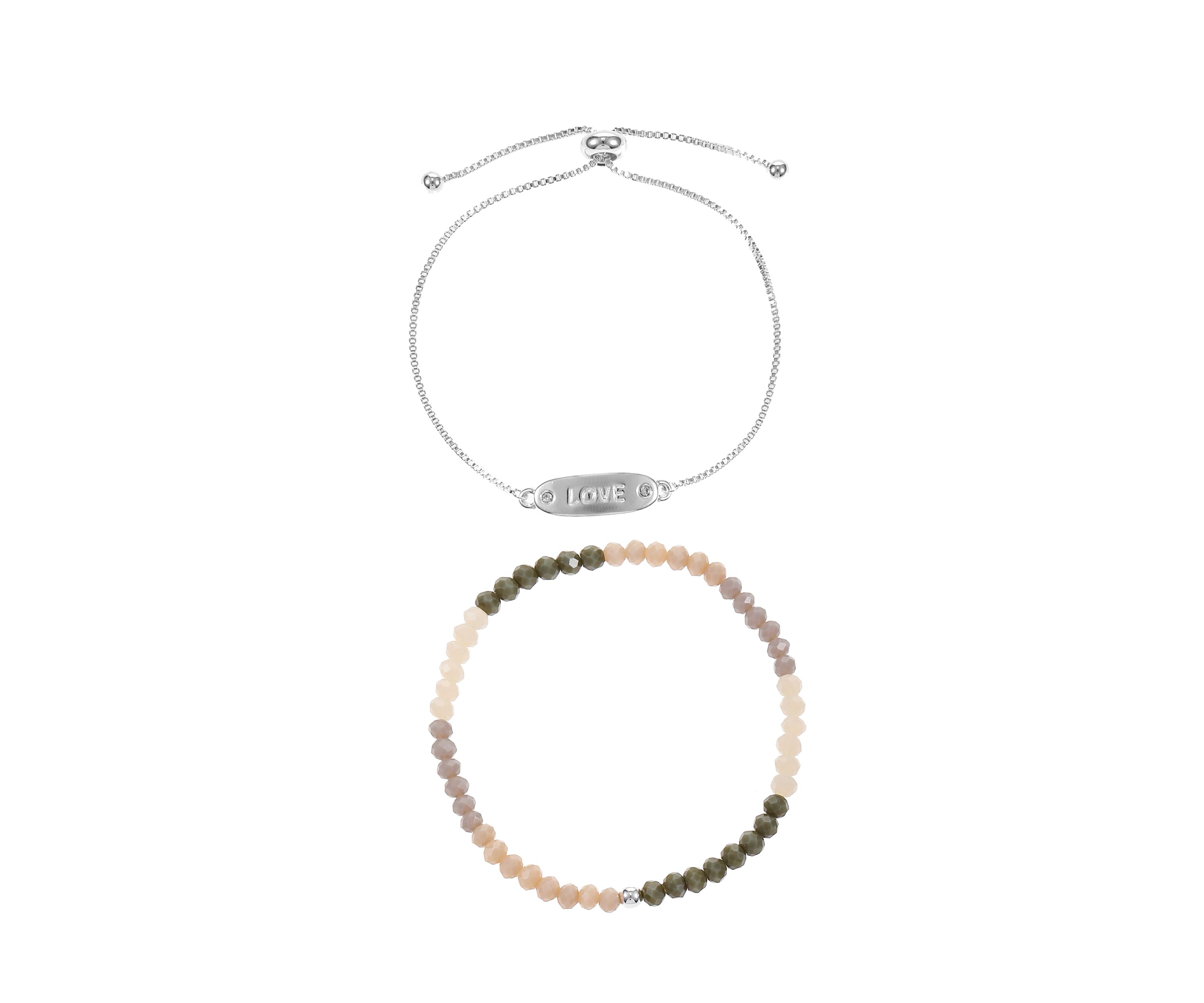 Silver Tone Engraved Love Bar and Beaded Bracelet Duo Set