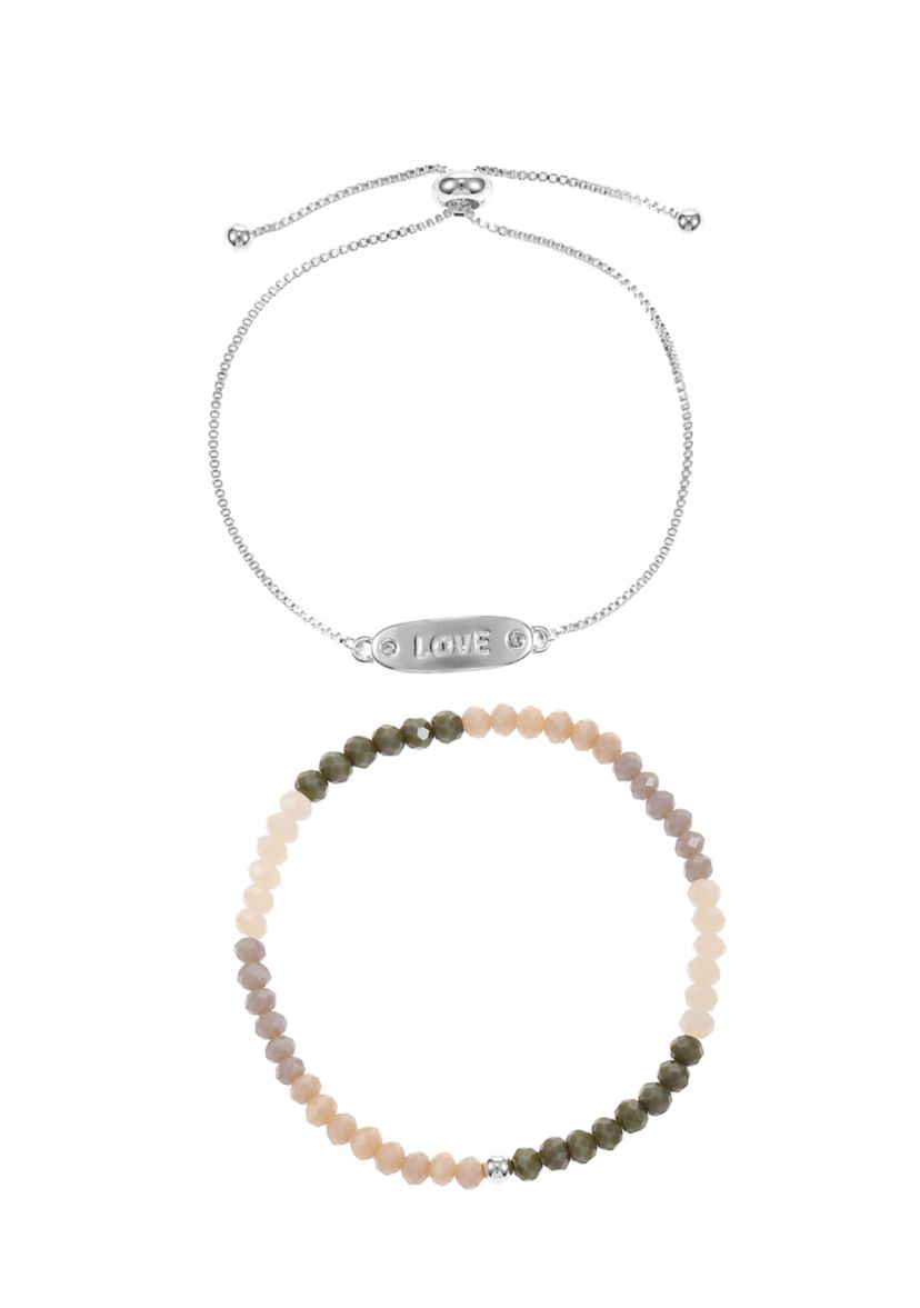 Silver Tone Engraved Love Bar and Beaded Bracelet Duo Set