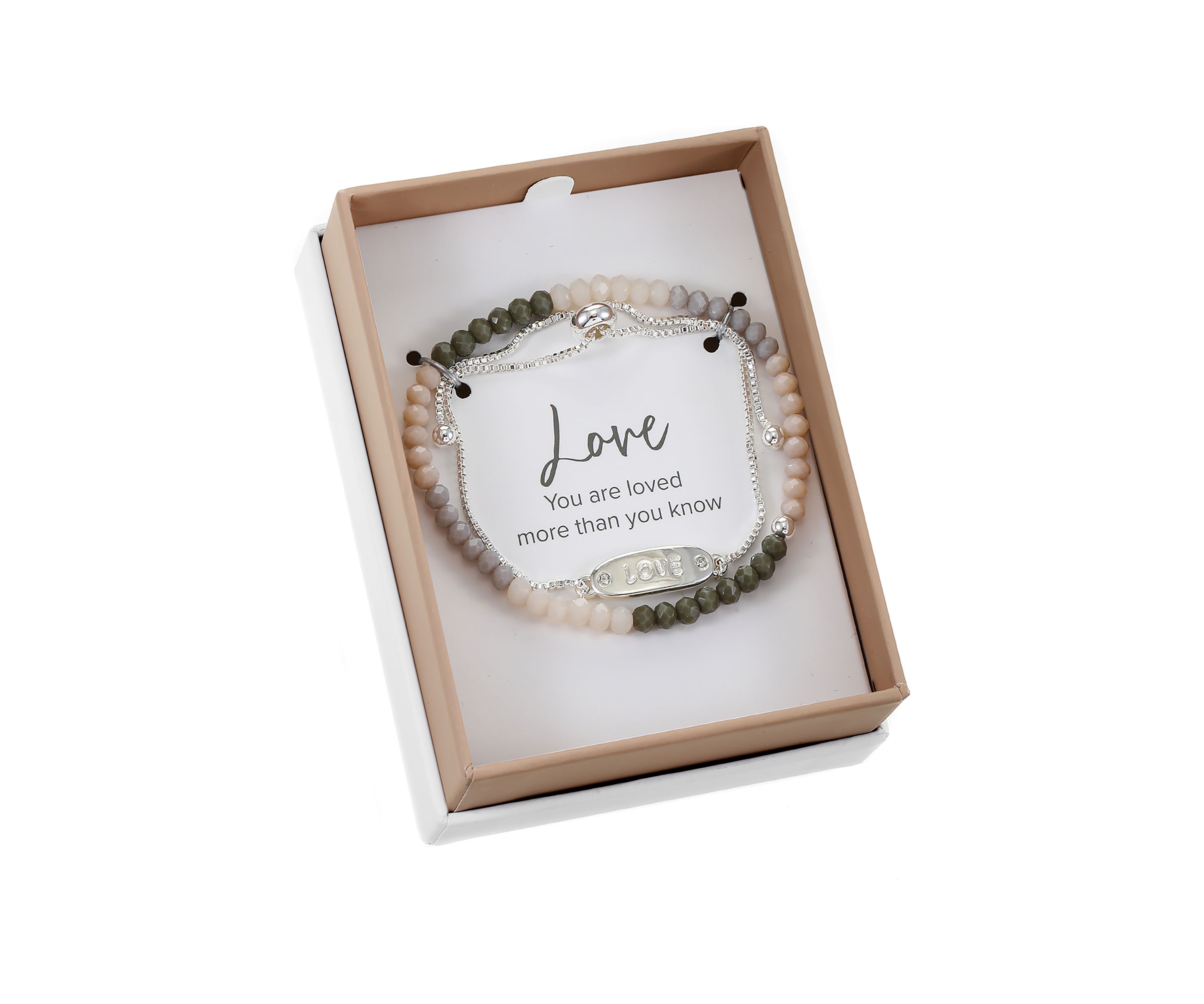 Silver Tone Engraved Love Bar and Beaded Bracelet Duo Set