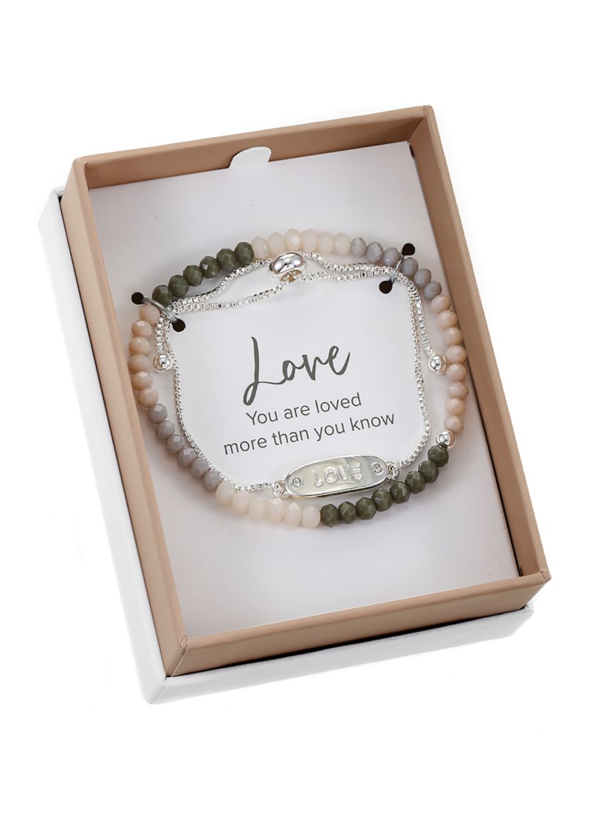 Silver Tone Engraved Love Bar and Beaded Bracelet Duo Set