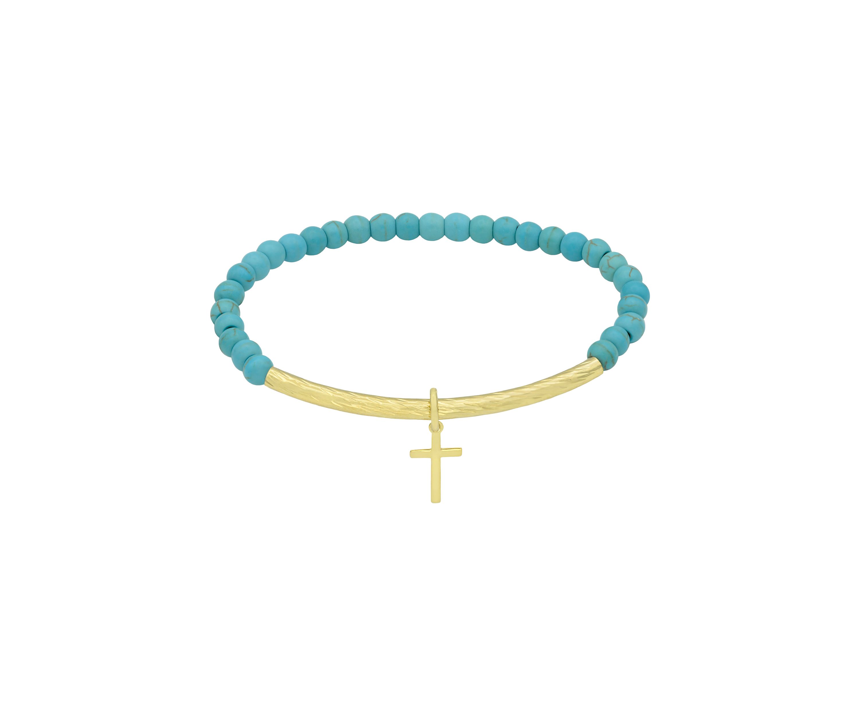 Gold Tone Bar Turquoise Beaded Cross Charm Bracelet