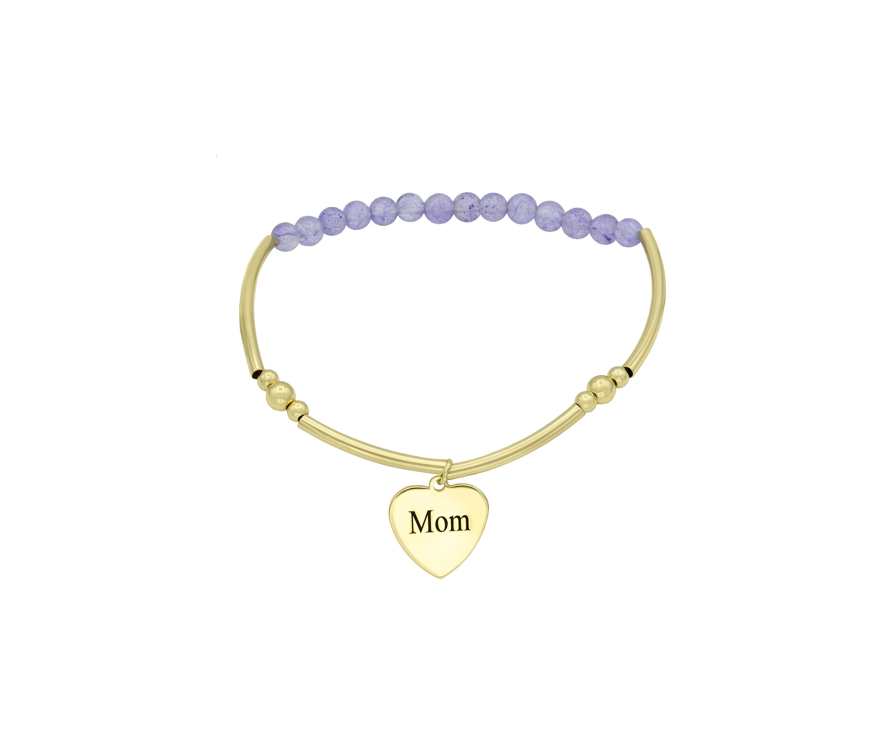 Gold Tone Bar Beaded Mom Engraved Heart Charm Bracelet