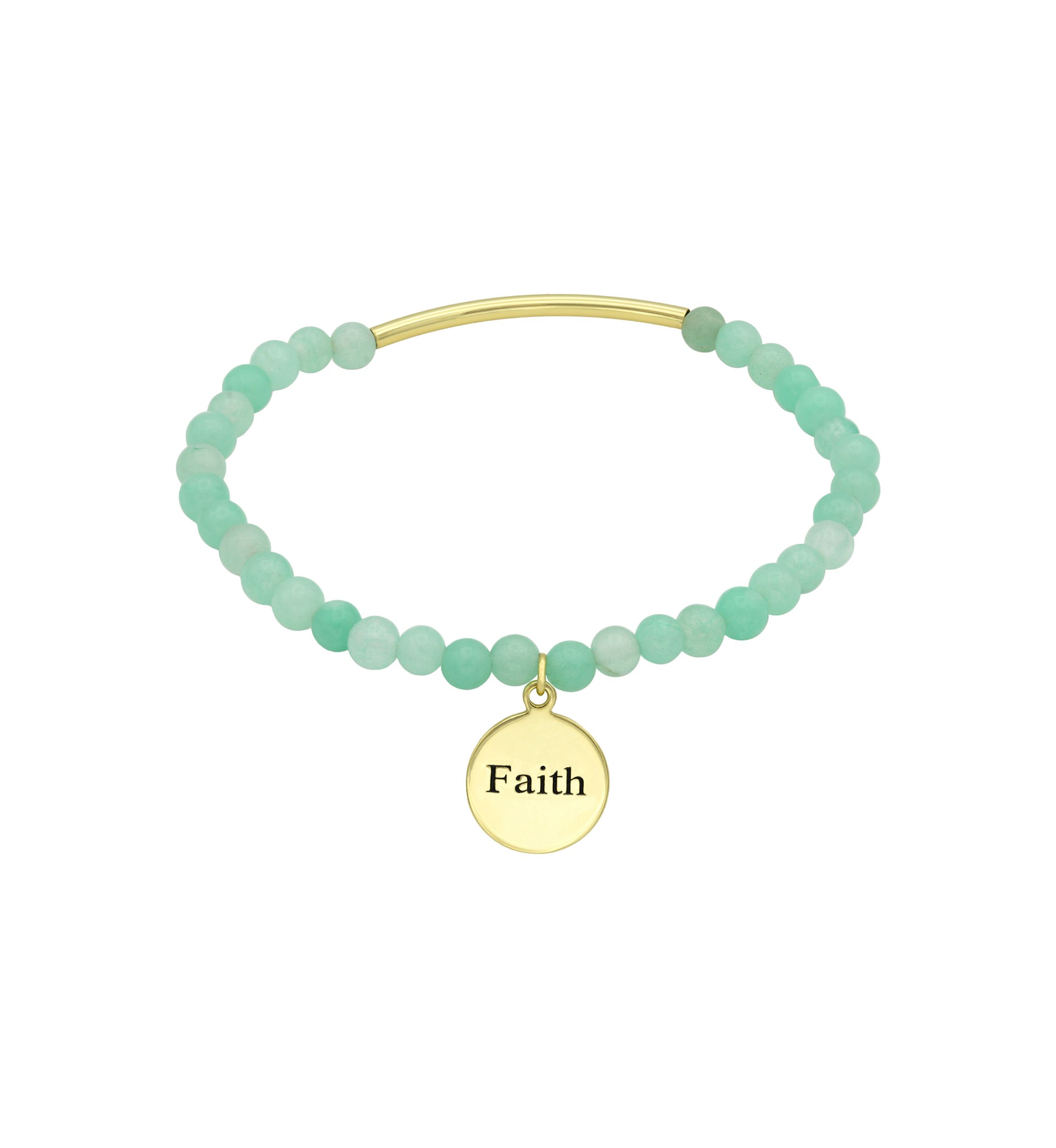 Gold Tone Bar and Multi Beaded Round Faith Engraved Charm Bracelet