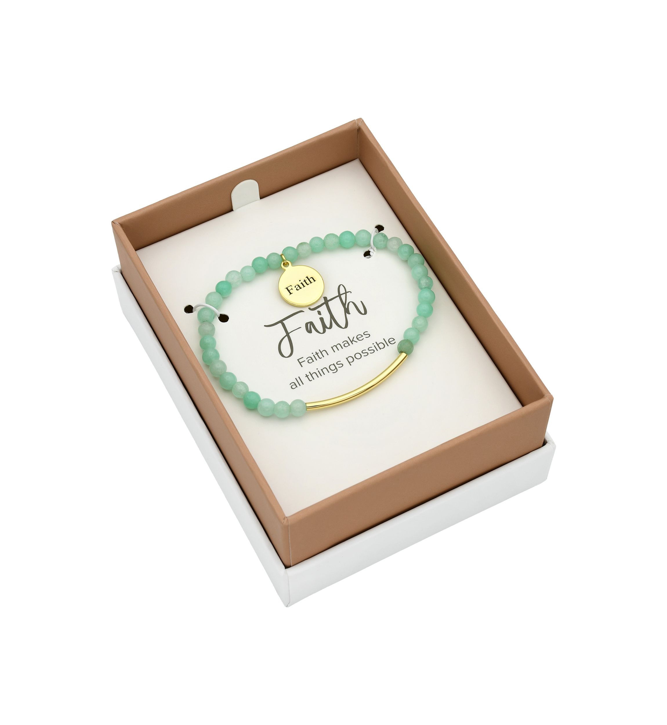 Gold Tone Bar and Multi Beaded Round Faith Engraved Charm Bracelet
