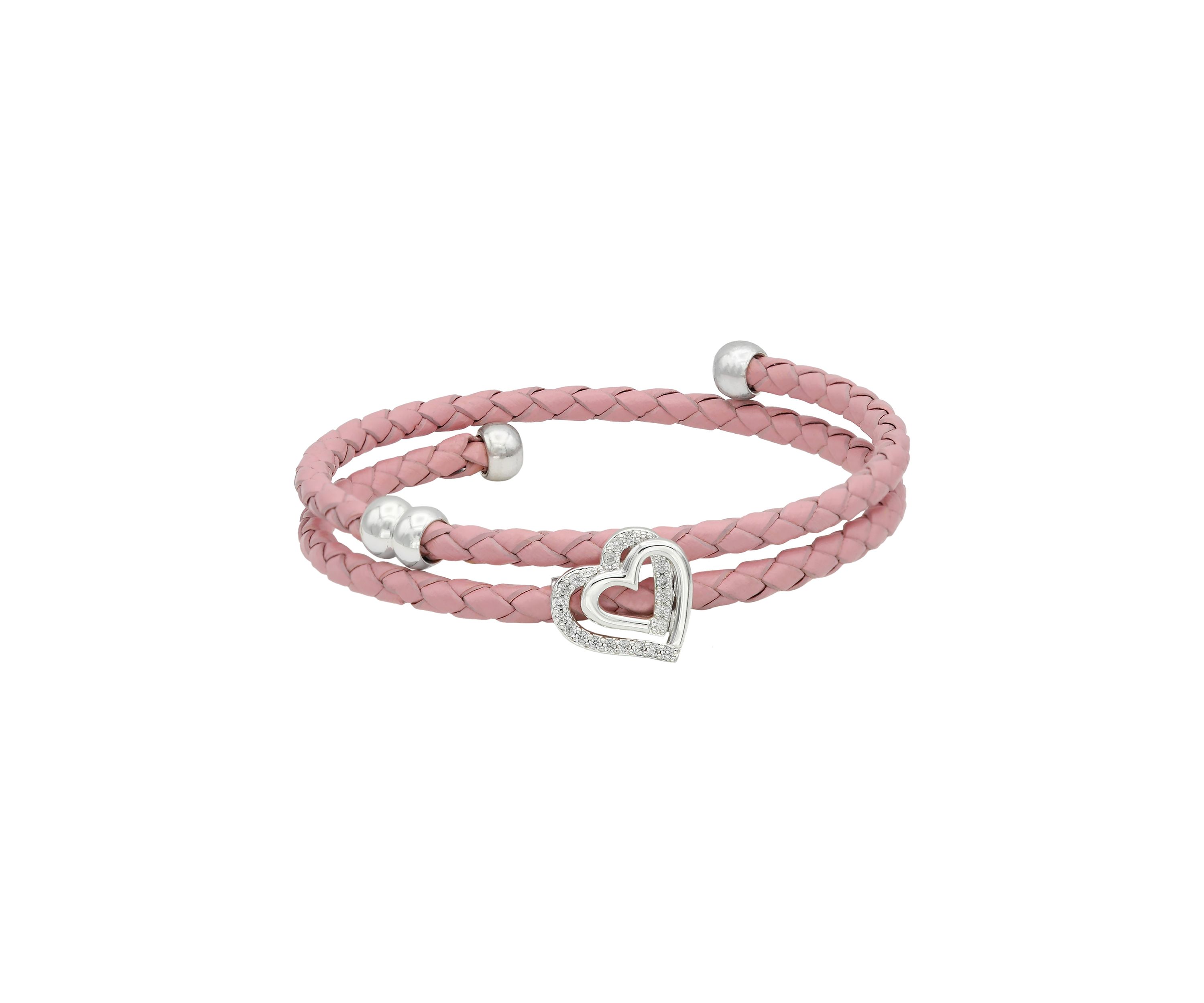 Silver Tone Genuine Pink Leather Wrap Cubic Zirconia Pavé Heart Charm Bracelet