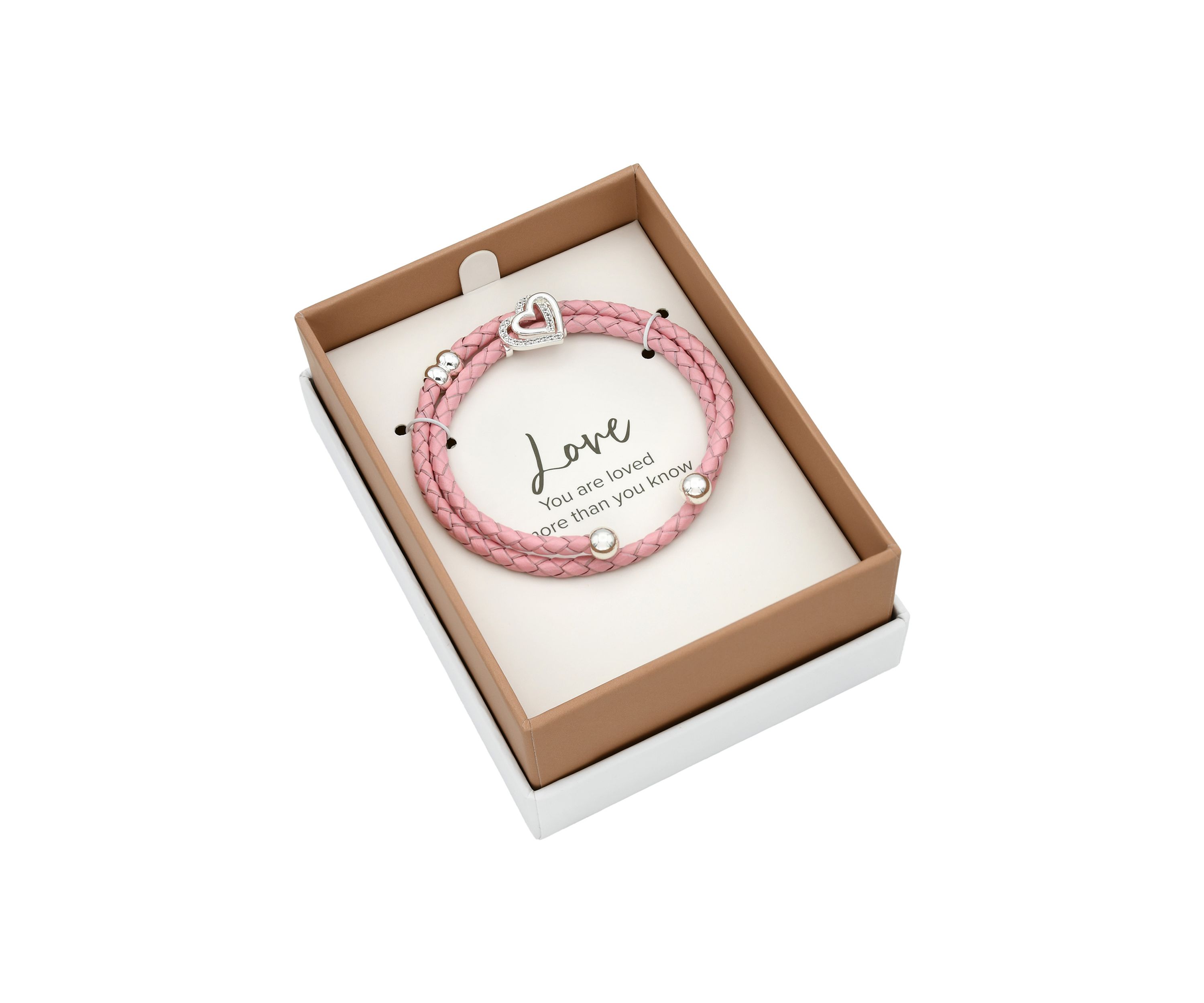 Silver Tone Genuine Pink Leather Wrap Cubic Zirconia Pavé Heart Charm Bracelet