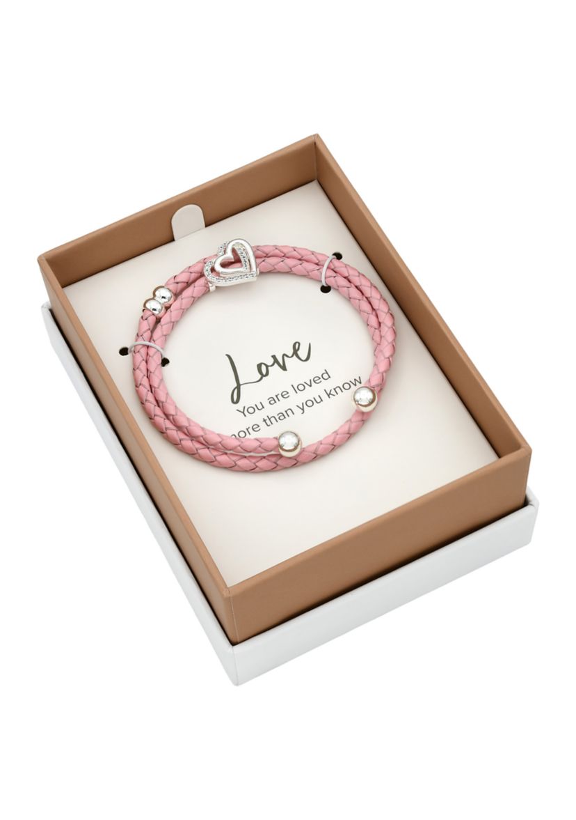 Silver Tone Genuine Pink Leather Wrap Cubic Zirconia Pavé Heart Charm Bracelet