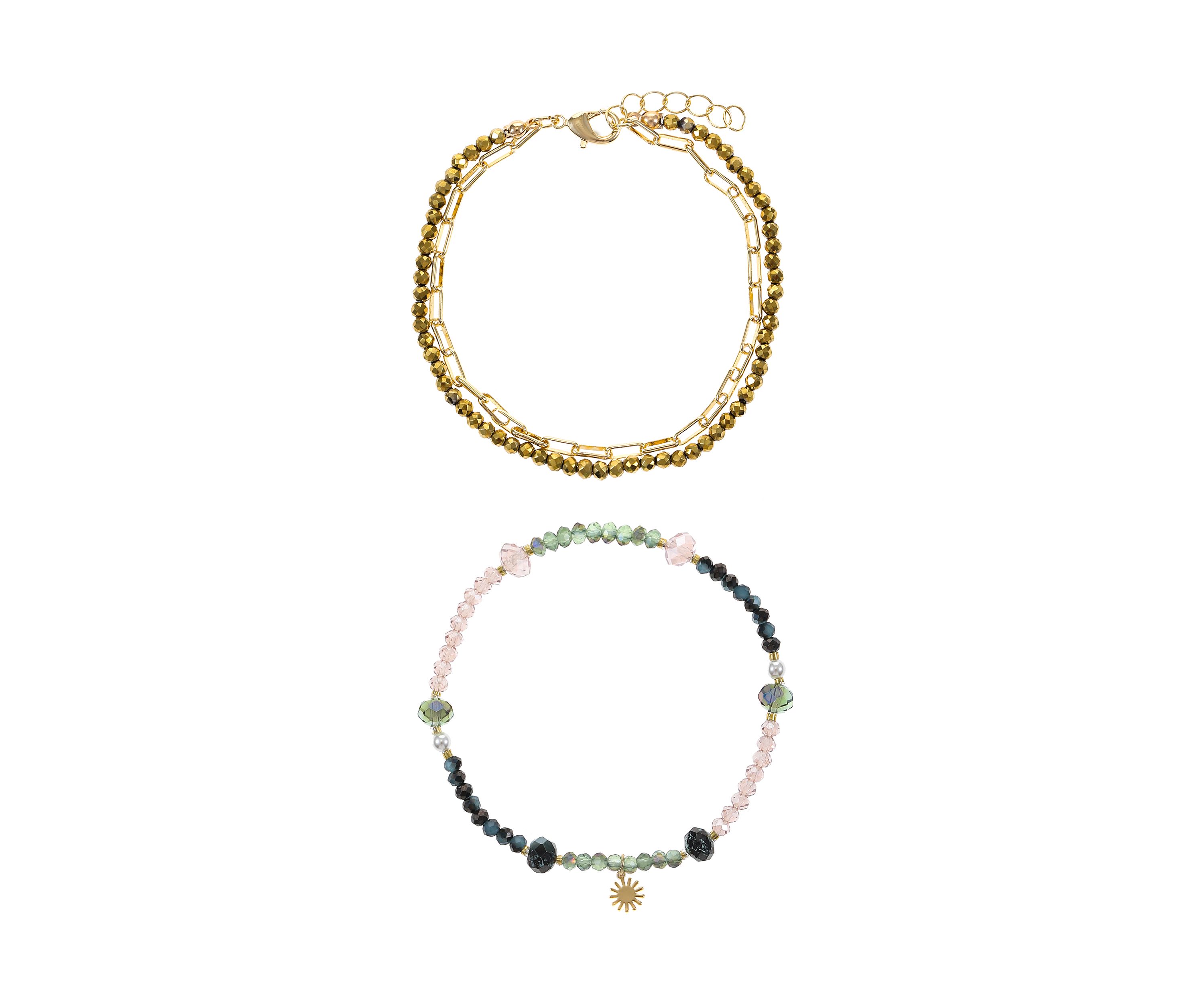 Gold Tone Paperclip and Multi Beaded Trio Bracelet Set