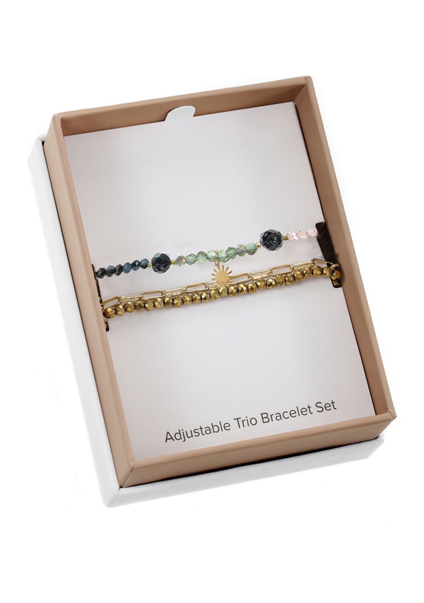Gold Tone Paperclip and Multi Beaded Trio Bracelet Set