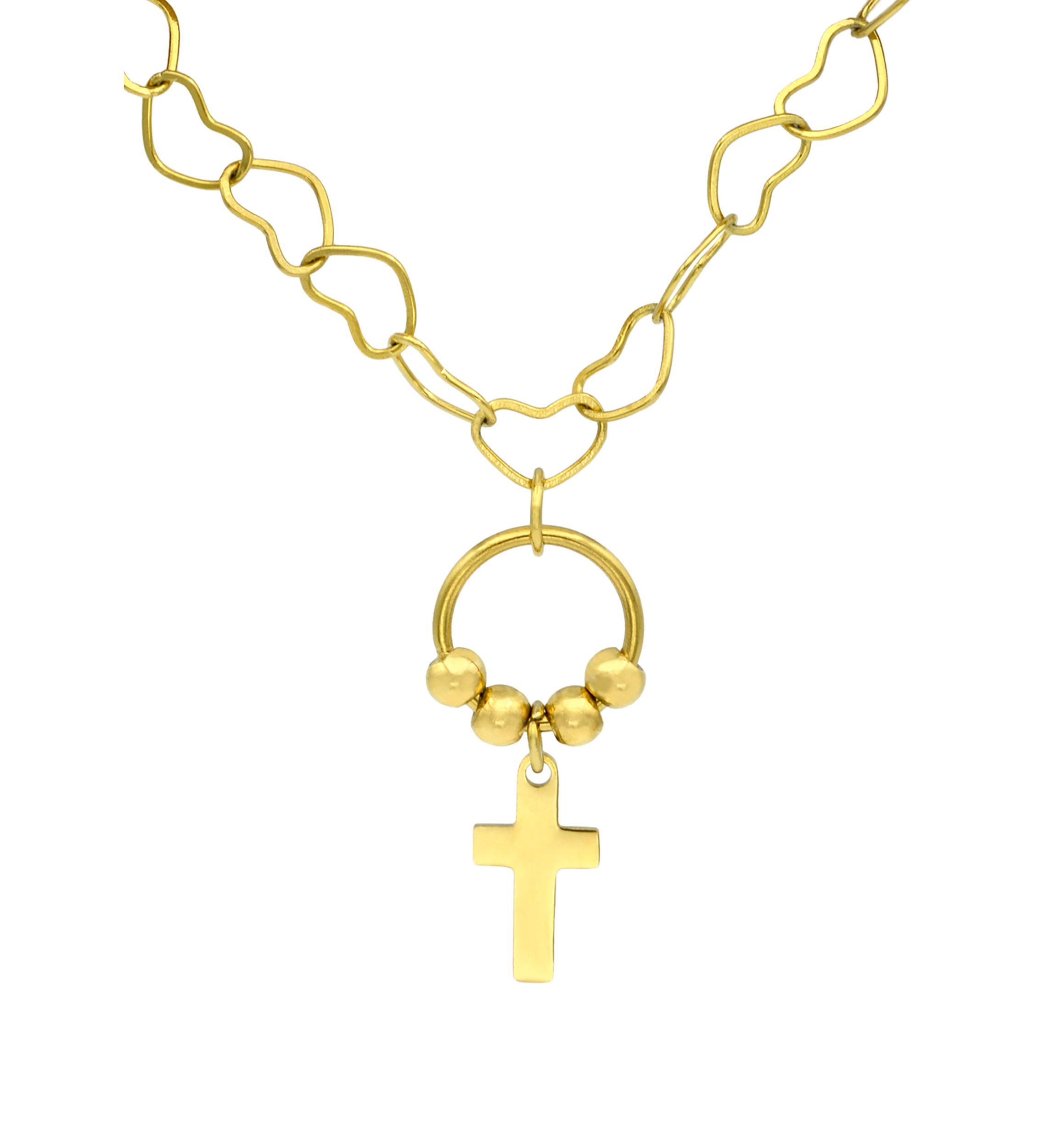 Gold Tone Cross Charm Pendant with Heart Chain Necklace