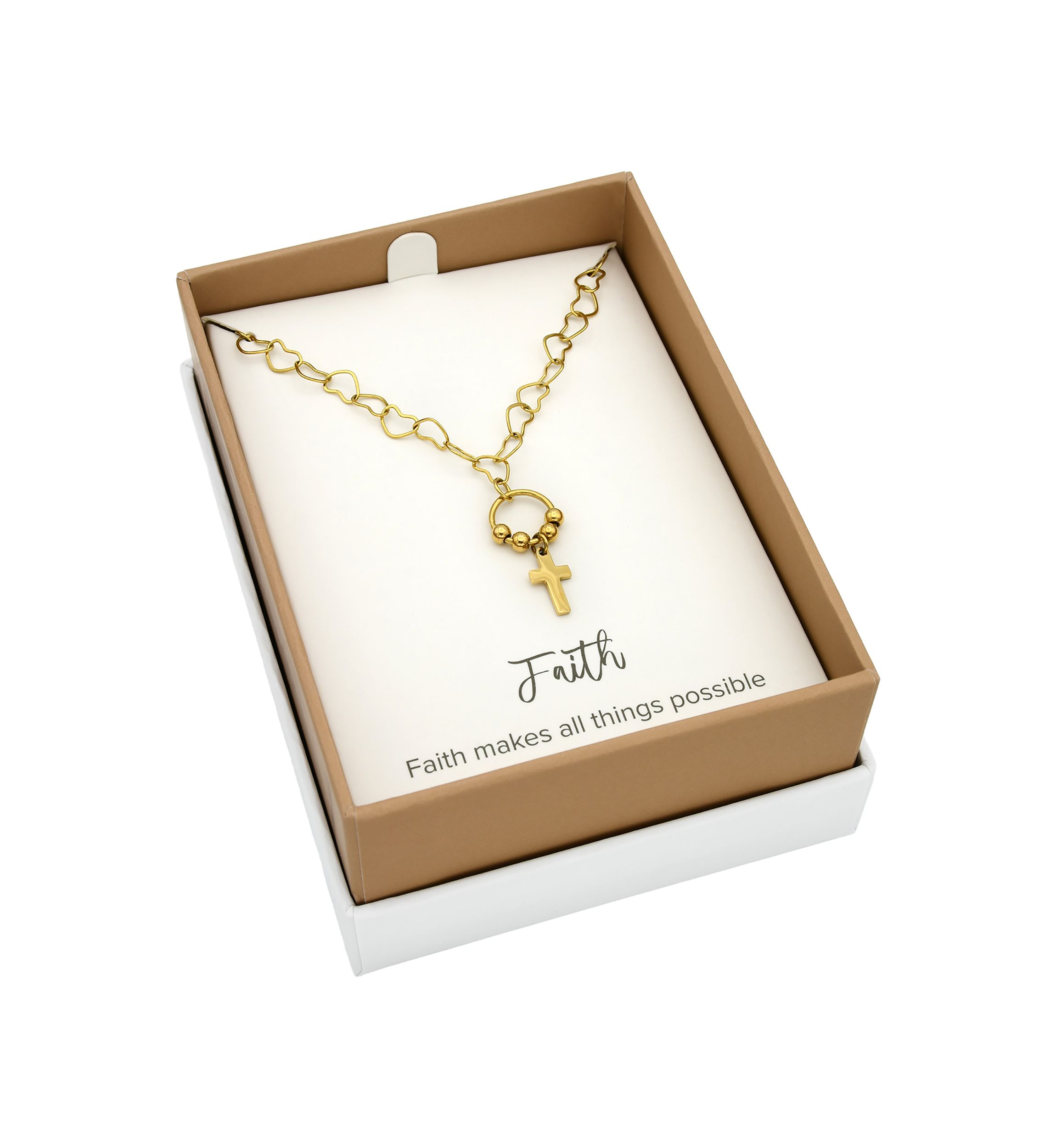 Gold Tone Cross Charm Pendant with Heart Chain Necklace