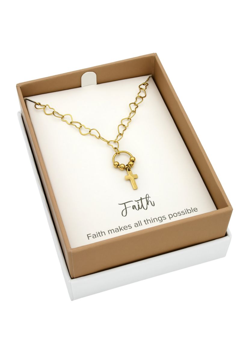 Gold Tone Cross Charm Pendant with Heart Chain Necklace