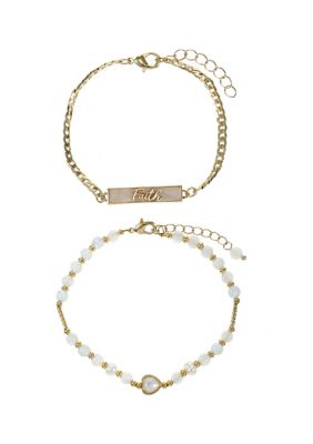 Wonderly Gold Tone Mother of Pearl and Beaded Faith Duo Bracelet Set