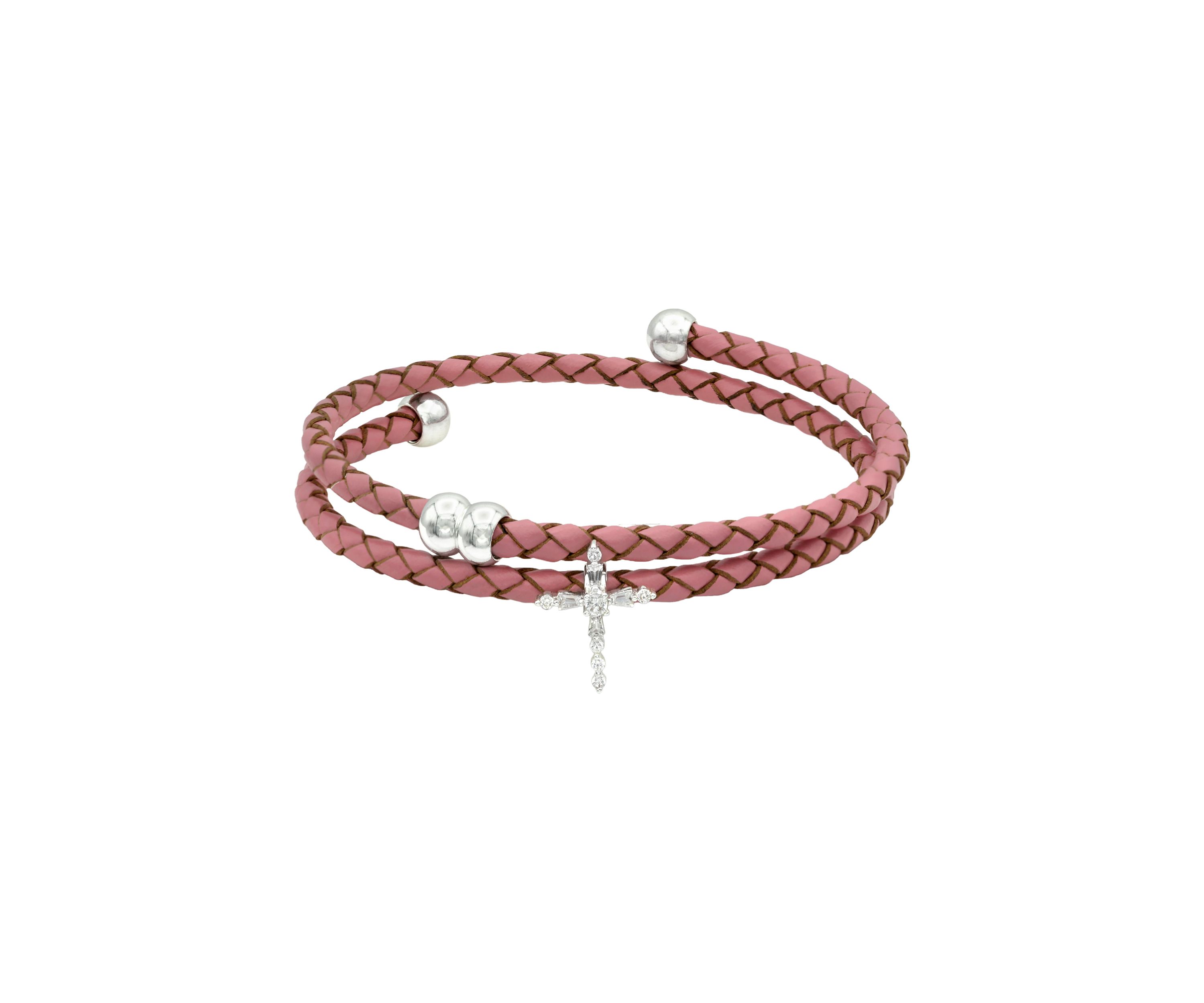 Silver Tone Pink Genuine Leather Wrap Cubic Zirconia Cross Bracelet