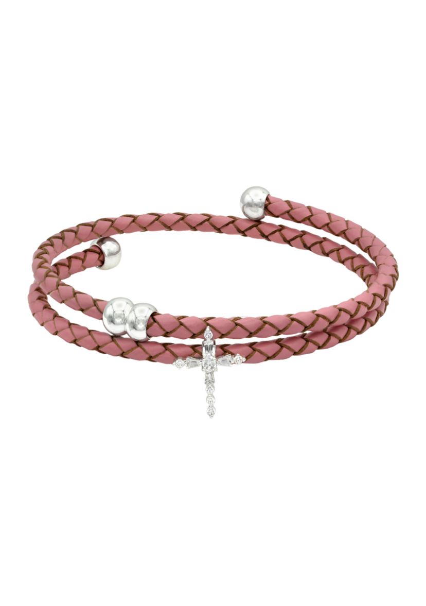 Silver Tone Pink Genuine Leather Wrap Cubic Zirconia Cross Bracelet