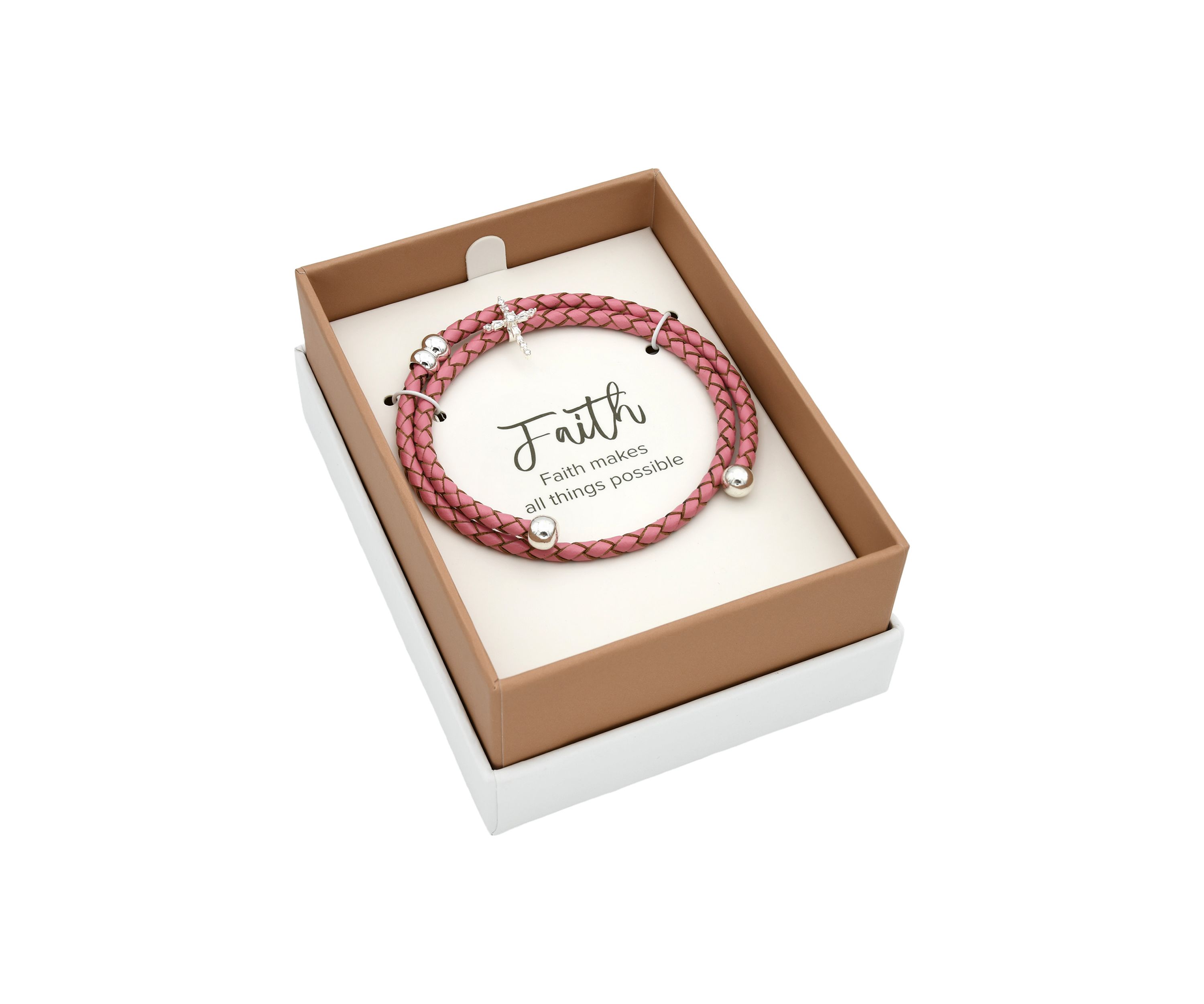 Silver Tone Pink Genuine Leather Wrap Cubic Zirconia Cross Bracelet