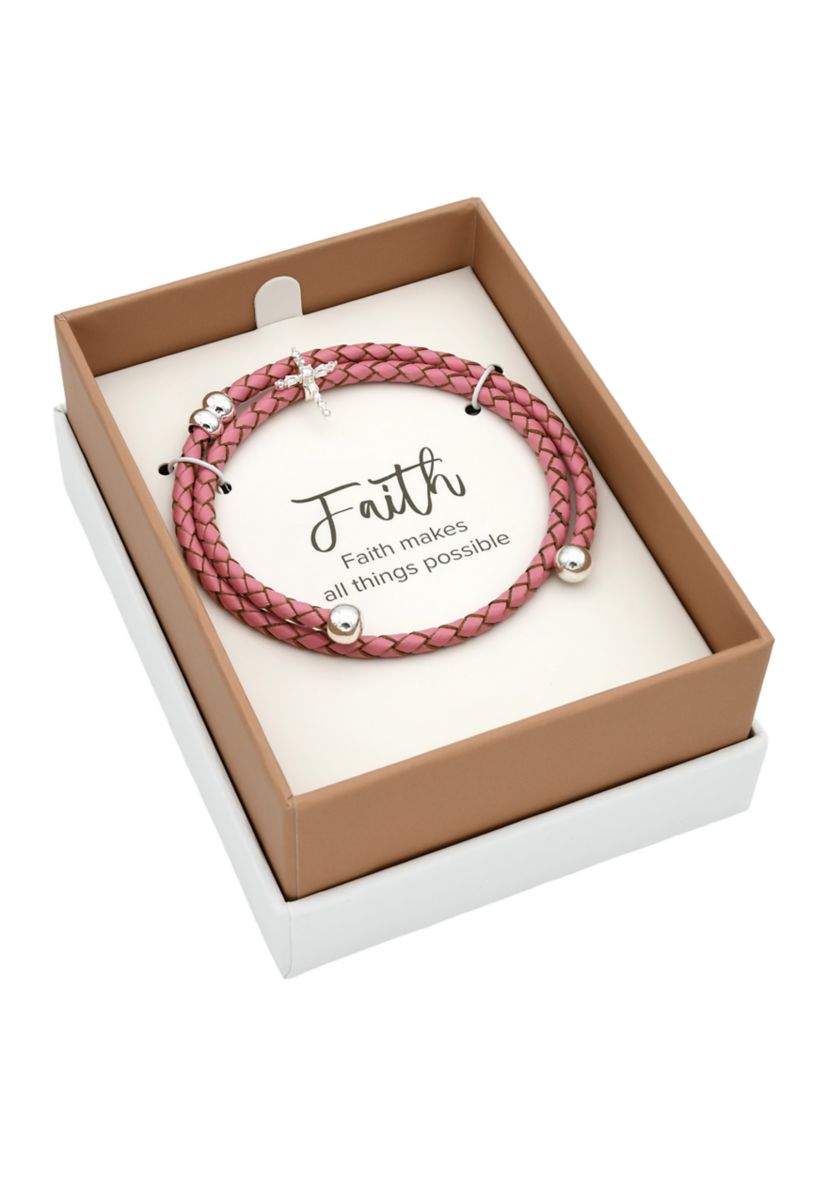 Silver Tone Pink Genuine Leather Wrap Cubic Zirconia Cross Bracelet