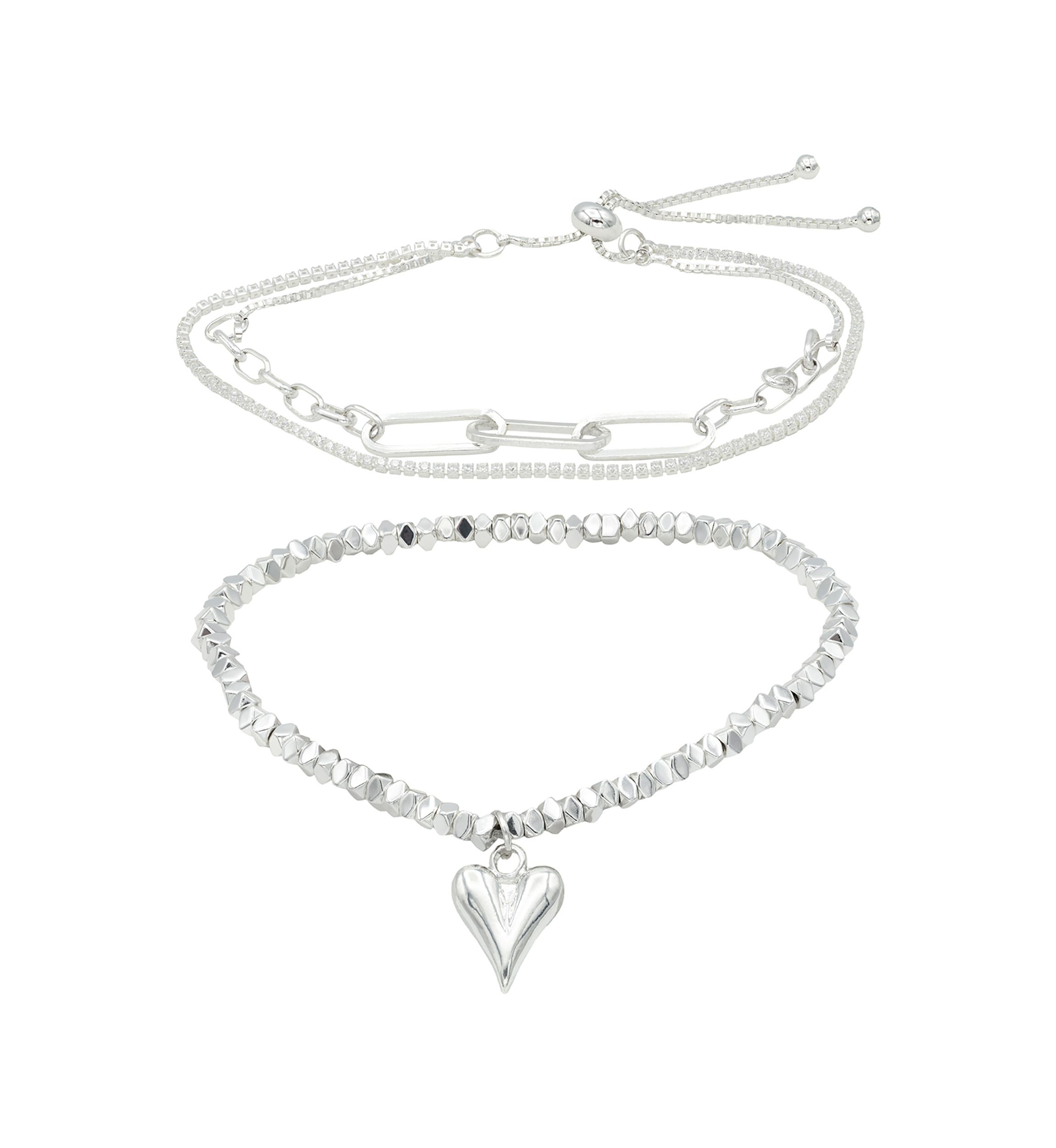 Lab Grown Silver Tone Crystal and Heart Charm Bracelet Set