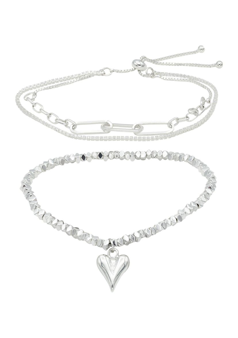 Lab Grown Silver Tone Crystal and Heart Charm Bracelet Set