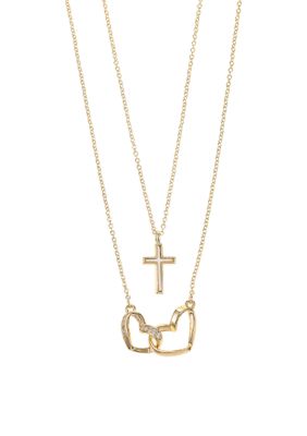 Wonderly Gold Tone Mother of Pearl Cross and Open Heart Necklace Duo Set, 18 in