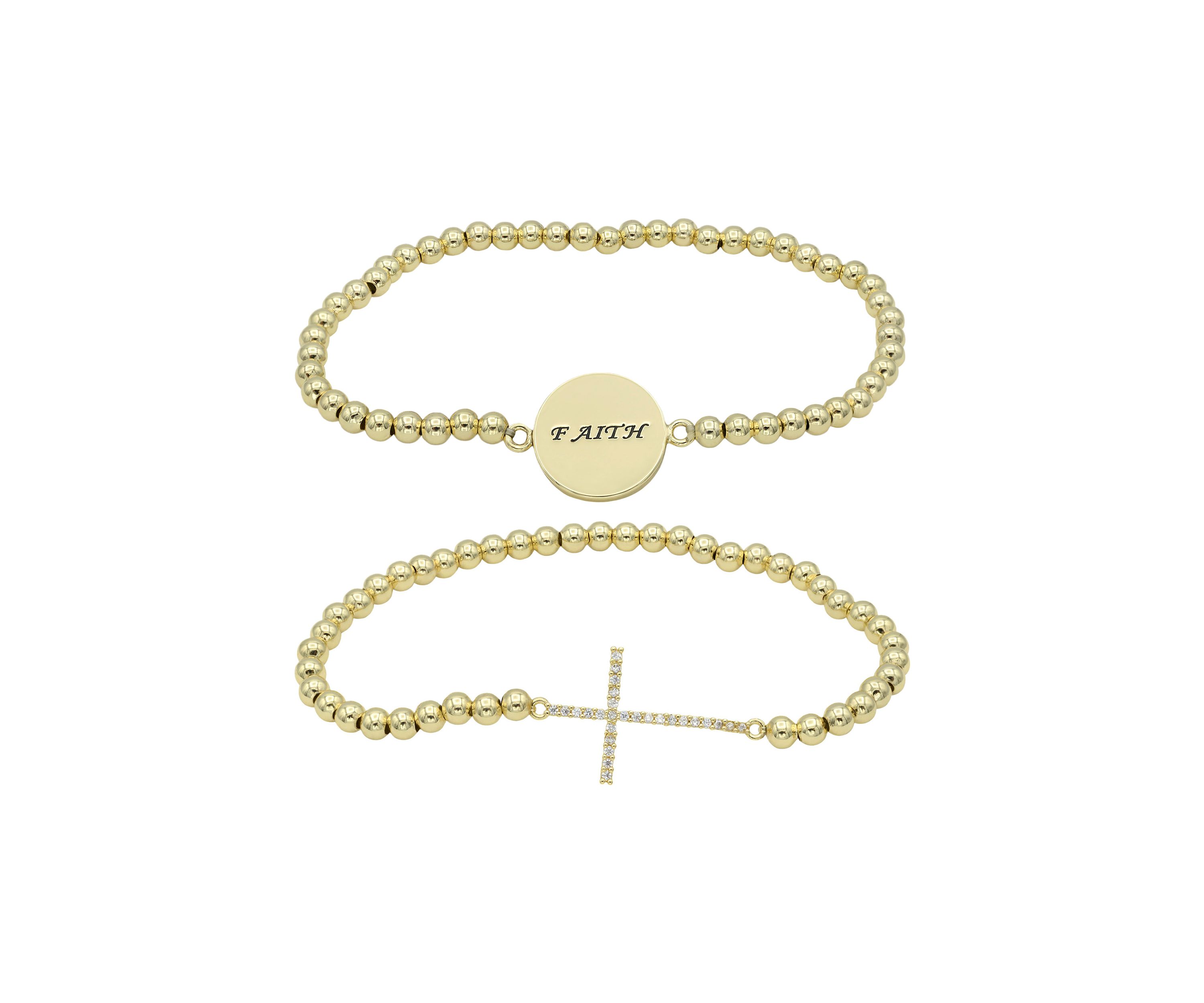 Lab Grown Gold Tone Pave Cubic Zirconia Cross and Faith Bracelet Duo Set