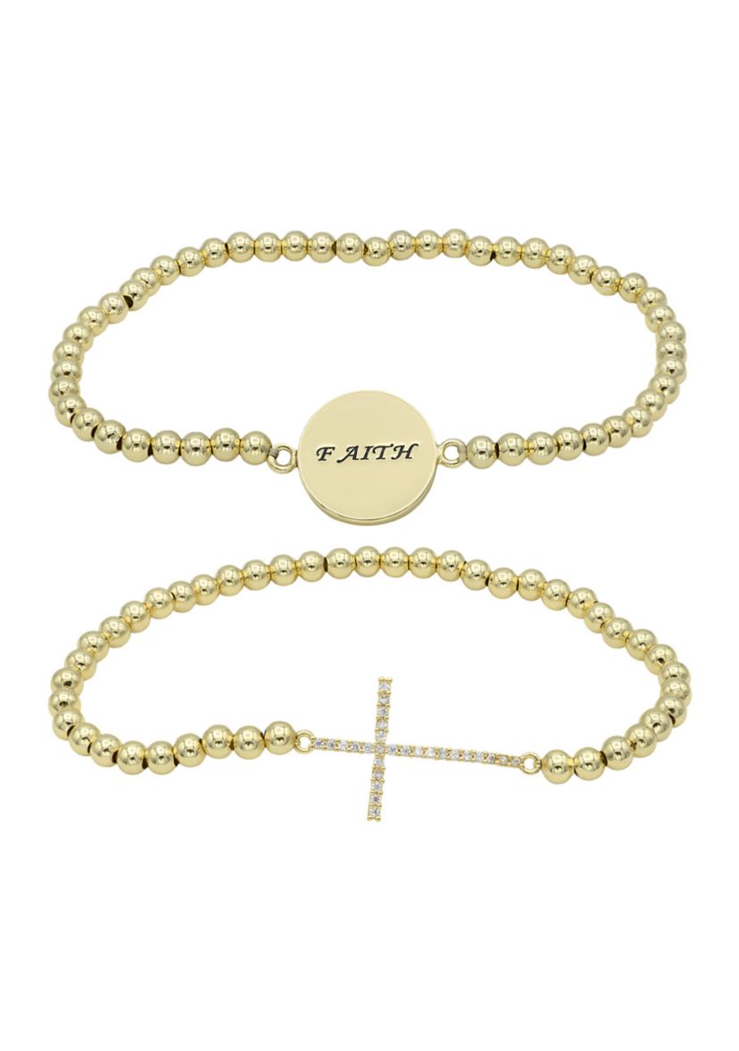 Lab Grown Gold Tone Pave Cubic Zirconia Cross and Faith Bracelet Duo Set
