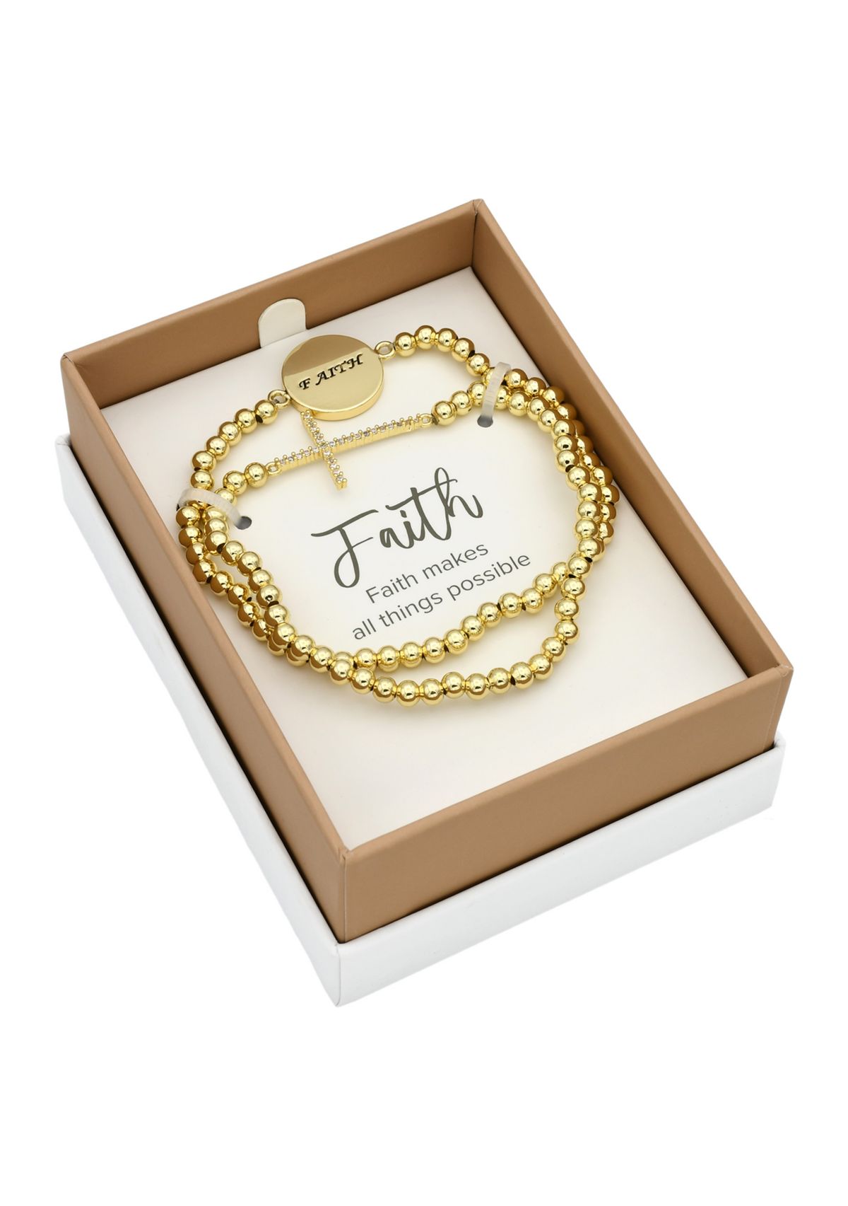 Lab Grown Gold Tone Pave Cubic Zirconia Cross and Faith Bracelet Duo Set