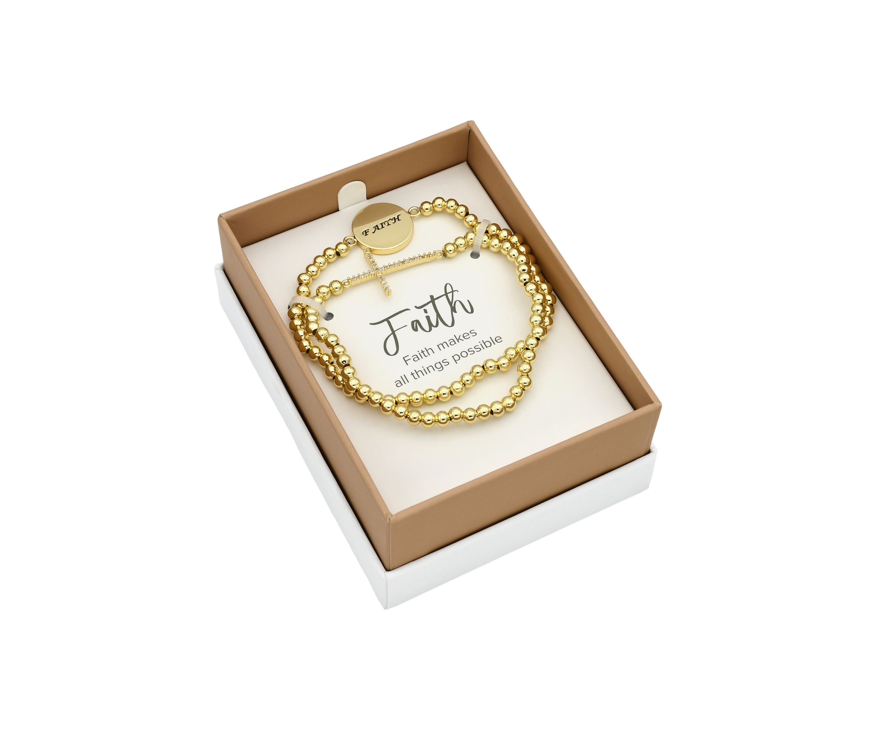 Lab Grown Gold Tone Pave Cubic Zirconia Cross and Faith Bracelet Duo Set