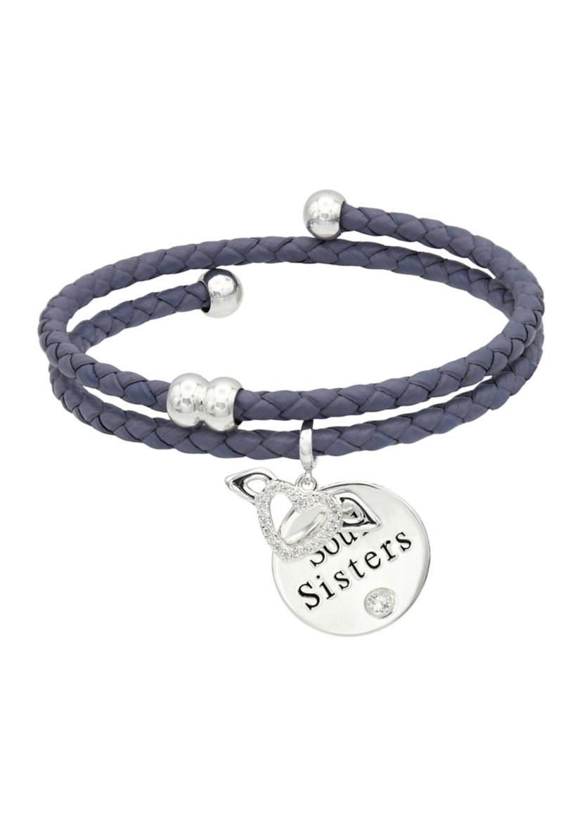 Silver Tone and Purple Leather Coil Sister Charm Bracelet