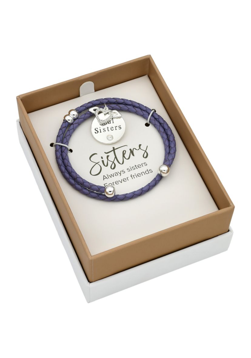 Silver Tone and Purple Leather Coil Sister Charm Bracelet