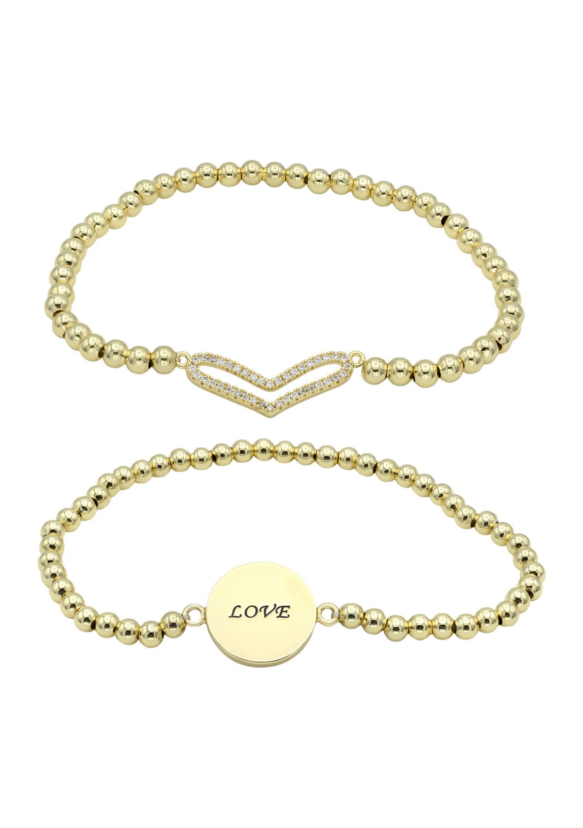 Lab Grown Gold Tone Pavé Cubic Zirconia Open Heart and Love Bracelet Duo Set