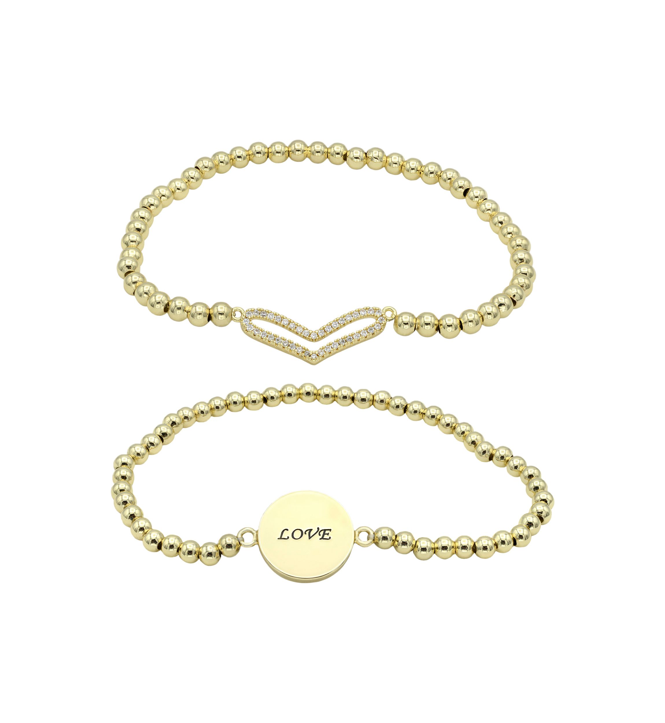 Lab Grown Gold Tone Pavé Cubic Zirconia Open Heart and Love Bracelet Duo Set