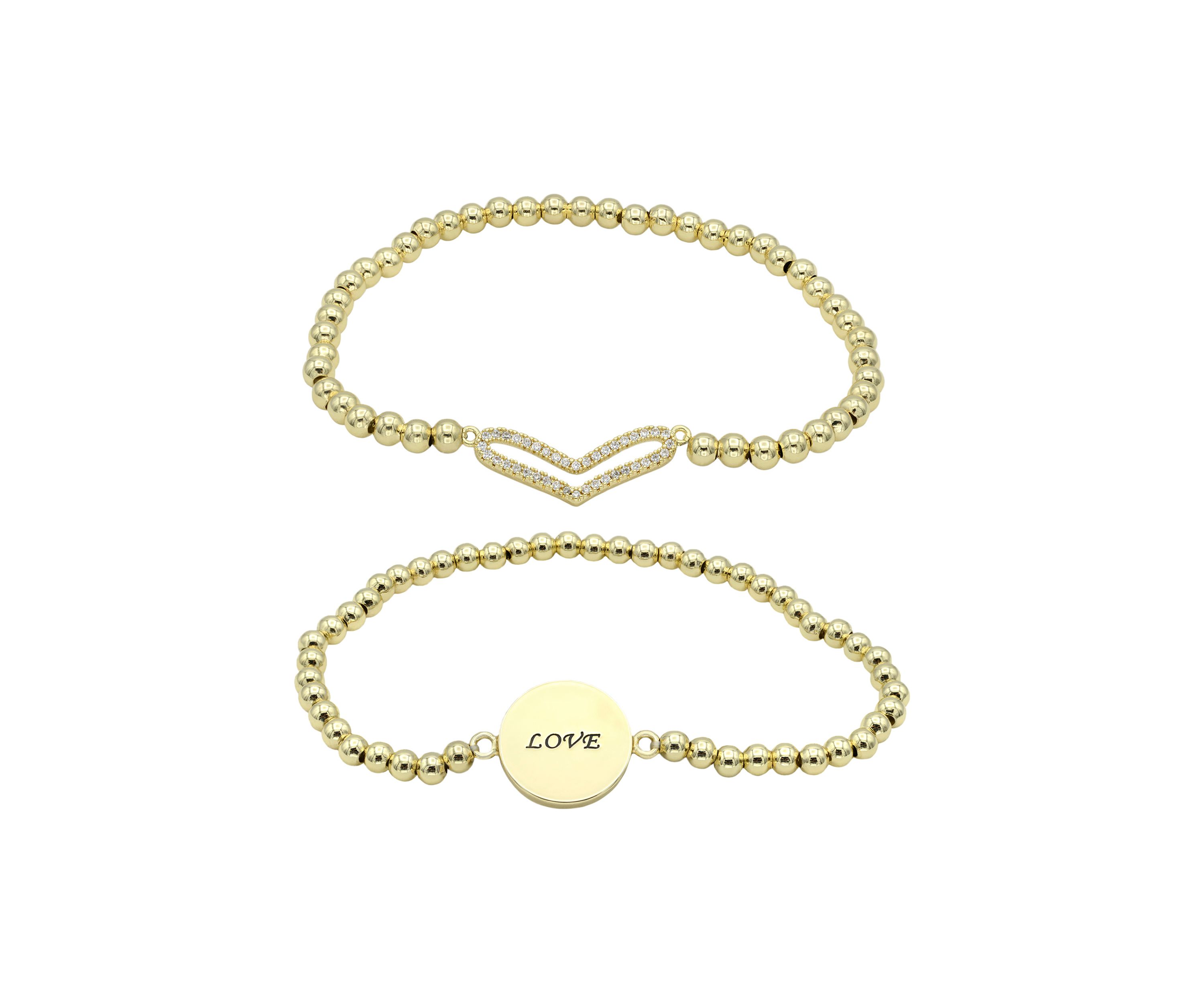 Lab Grown Gold Tone Pavé Cubic Zirconia Open Heart and Love Bracelet Duo Set