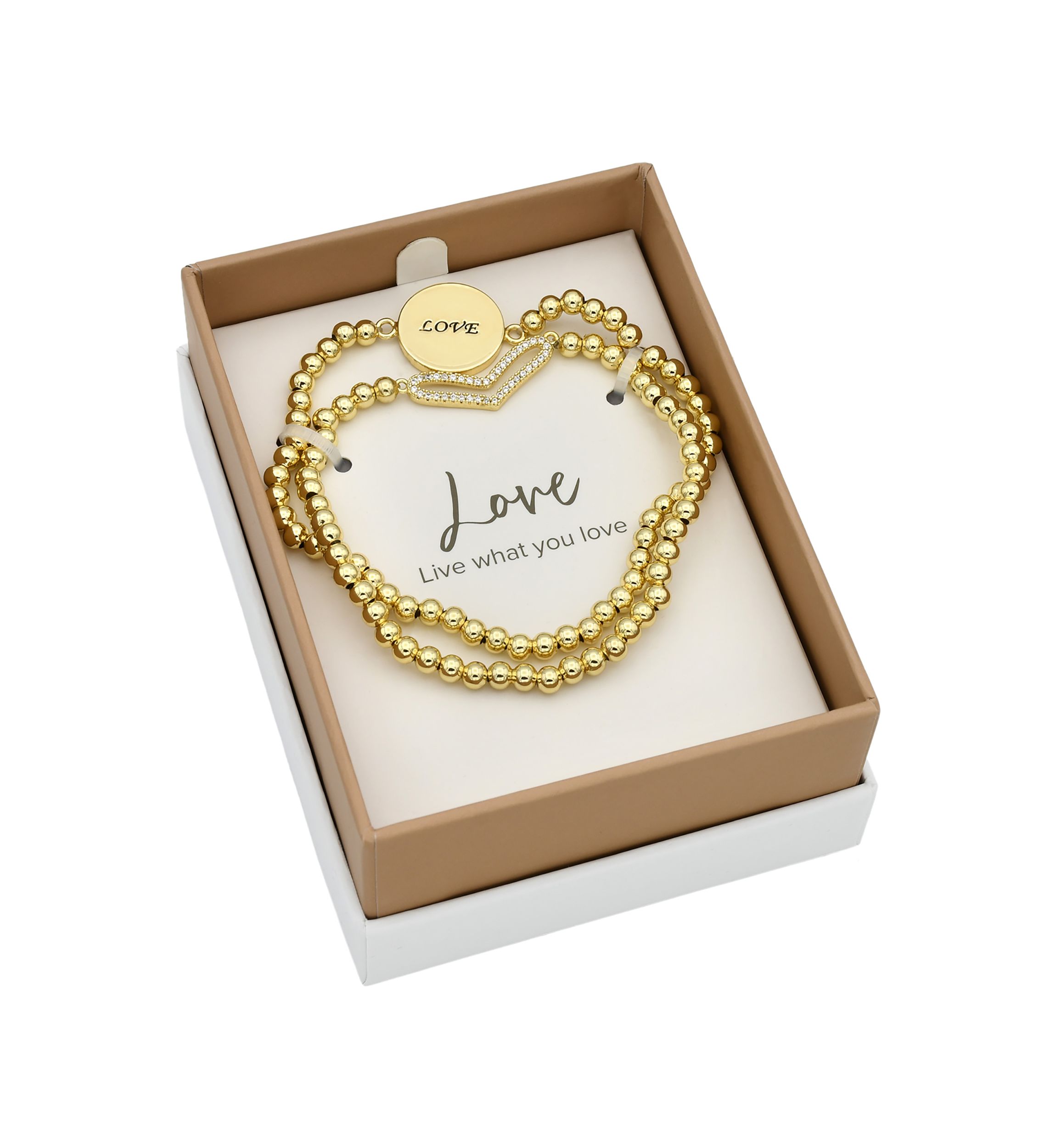 Lab Grown Gold Tone Pavé Cubic Zirconia Open Heart and Love Bracelet Duo Set